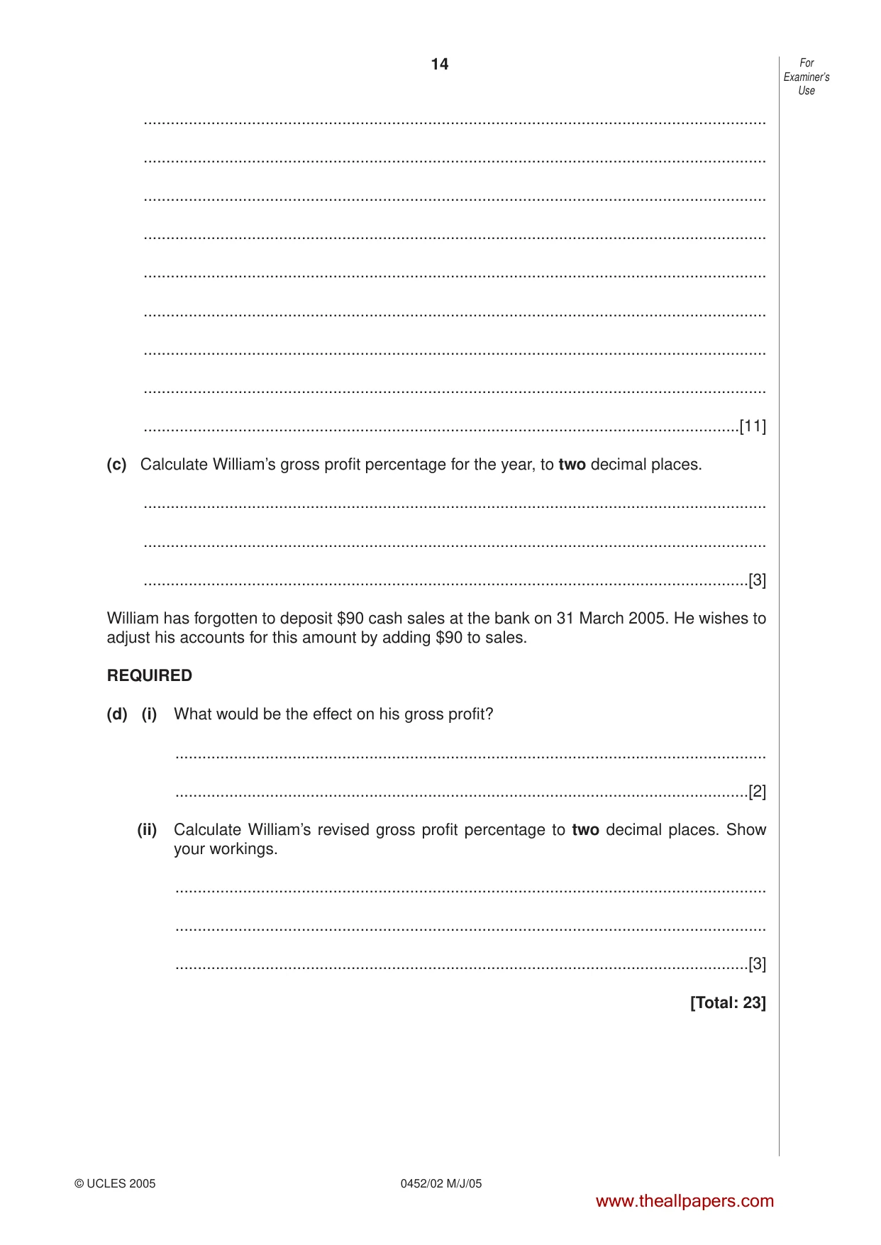 Cambridge IGCSE Accounting 0452 2005 May/June Paper 2 · Variant 1 question paper, page 14 of 16