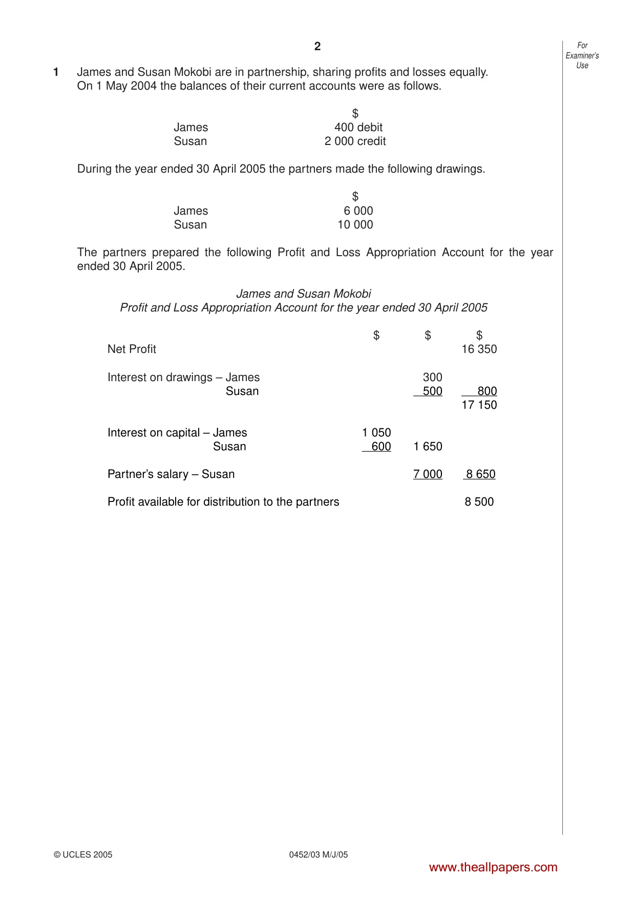 Cambridge IGCSE Accounting 0452 2005 May/June Paper 3 · Variant 1 question paper, page 2 of 20
