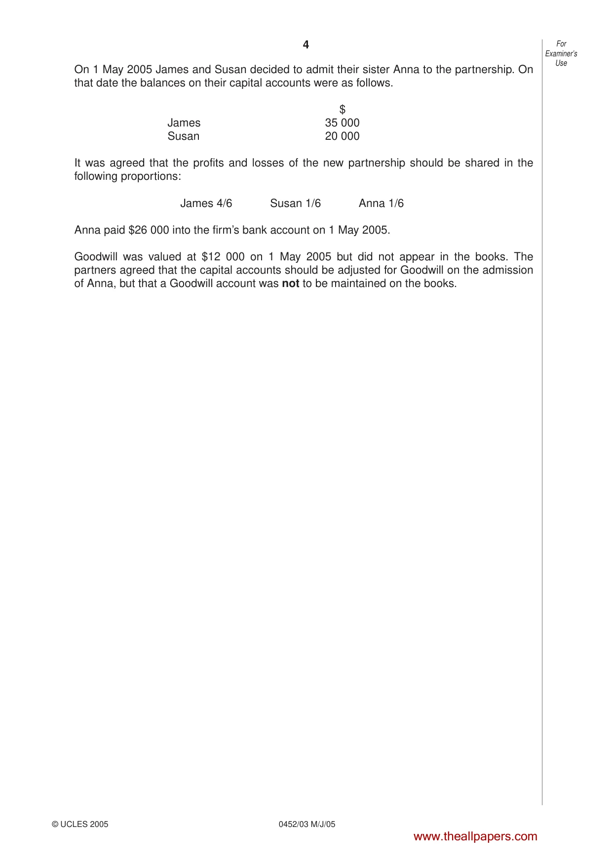 Cambridge IGCSE Accounting 0452 2005 May/June Paper 3 · Variant 1 question paper, page 4 of 20