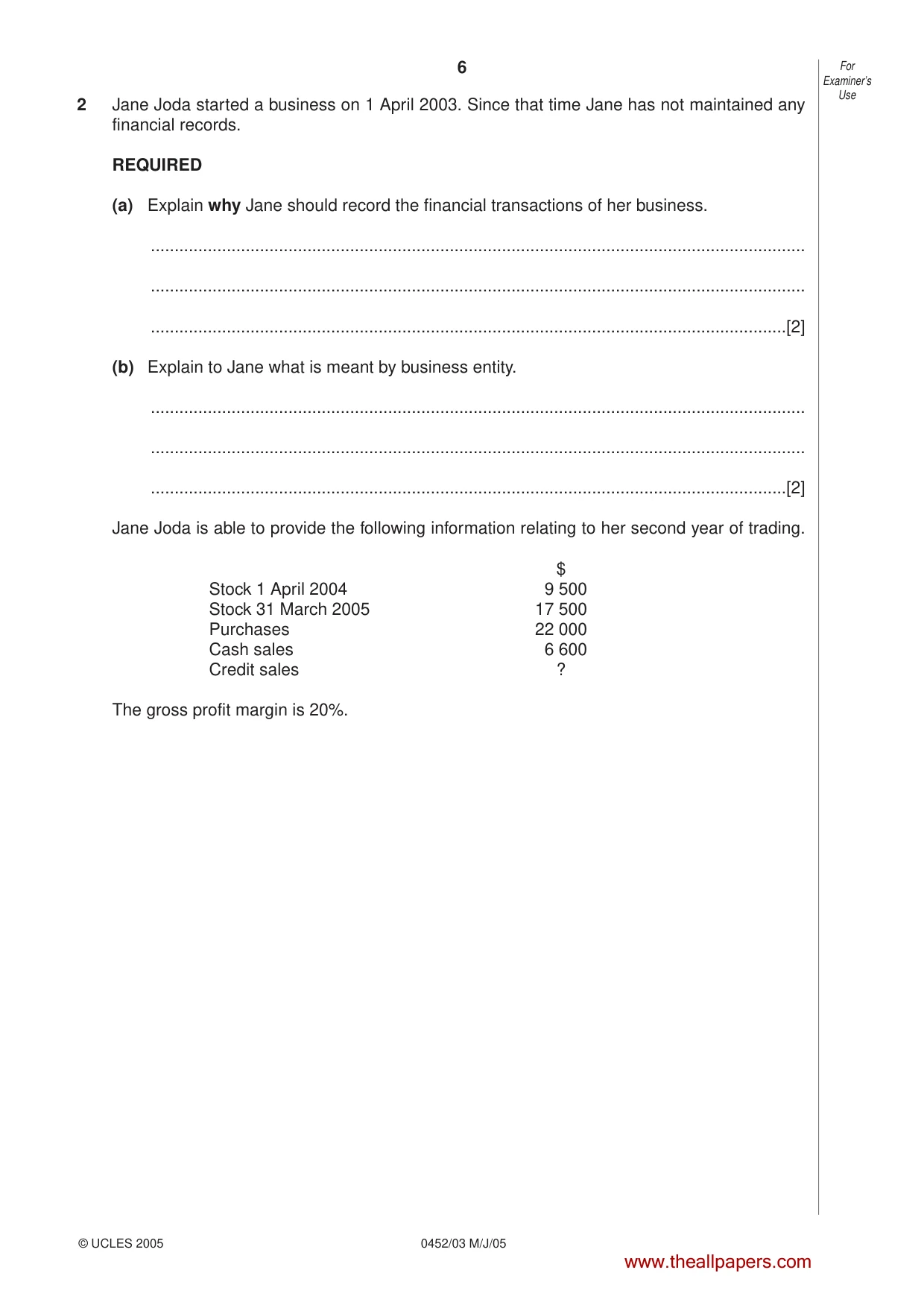 Cambridge IGCSE Accounting 0452 2005 May/June Paper 3 · Variant 1 question paper, page 6 of 20