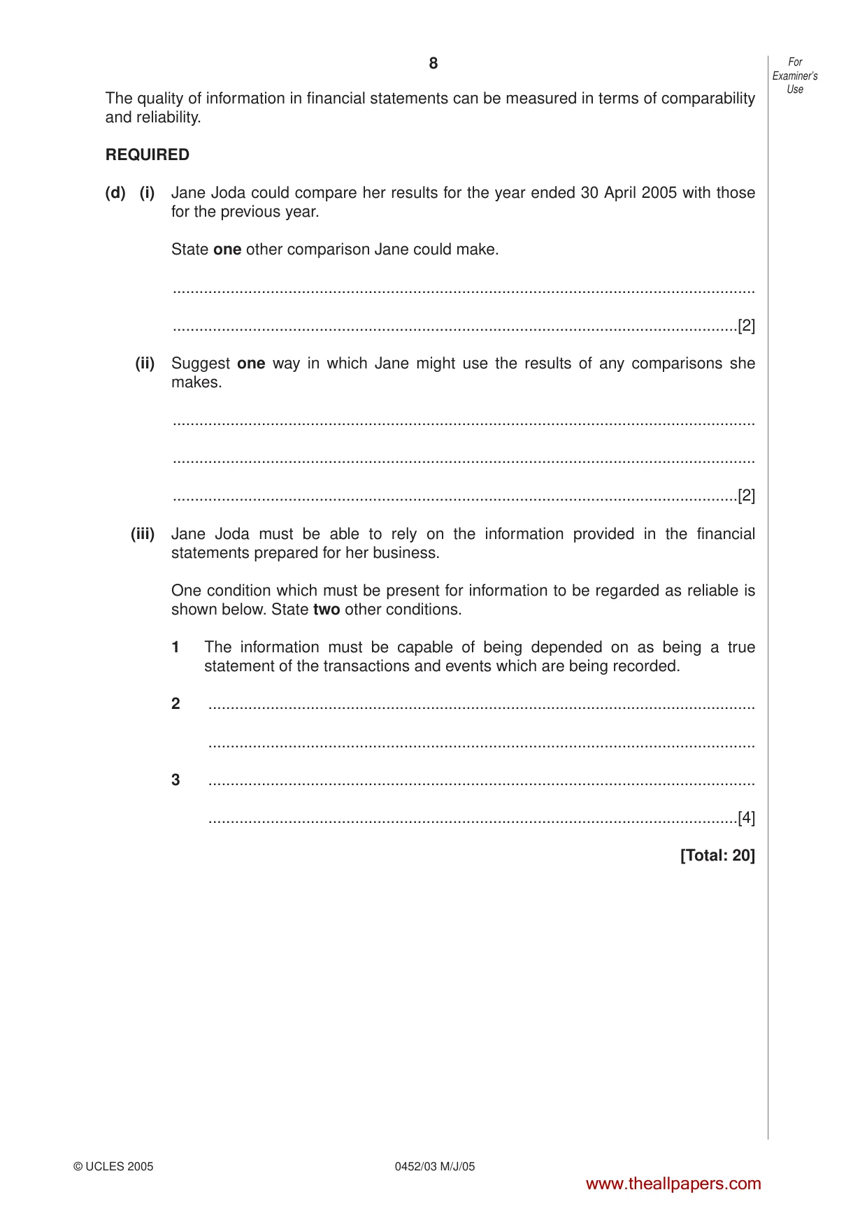 Cambridge IGCSE Accounting 0452 2005 May/June Paper 3 · Variant 1 question paper, page 8 of 20
