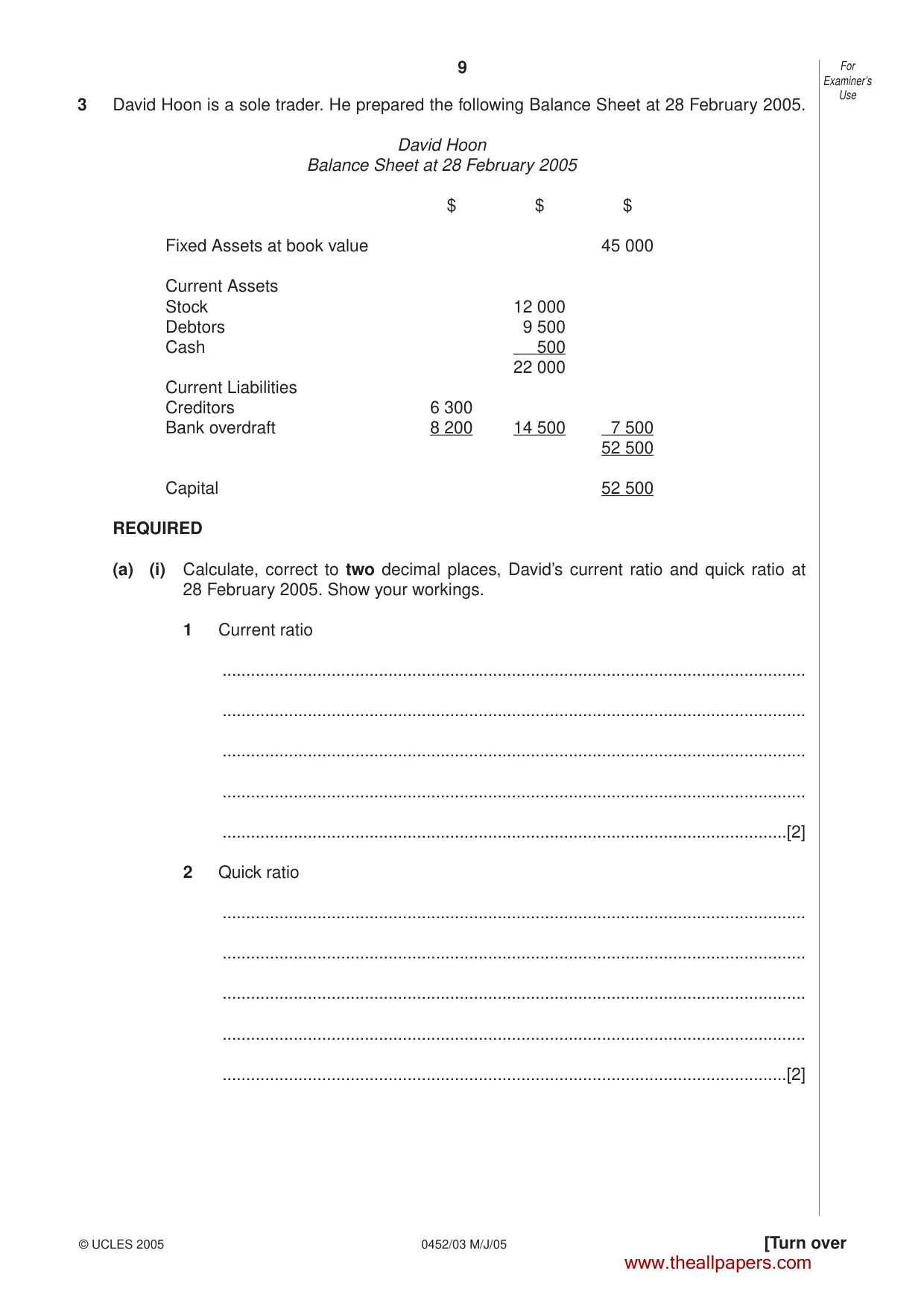Cambridge IGCSE Accounting 0452 2005 May/June Paper 3 · Variant 1 question paper, page 9 of 20