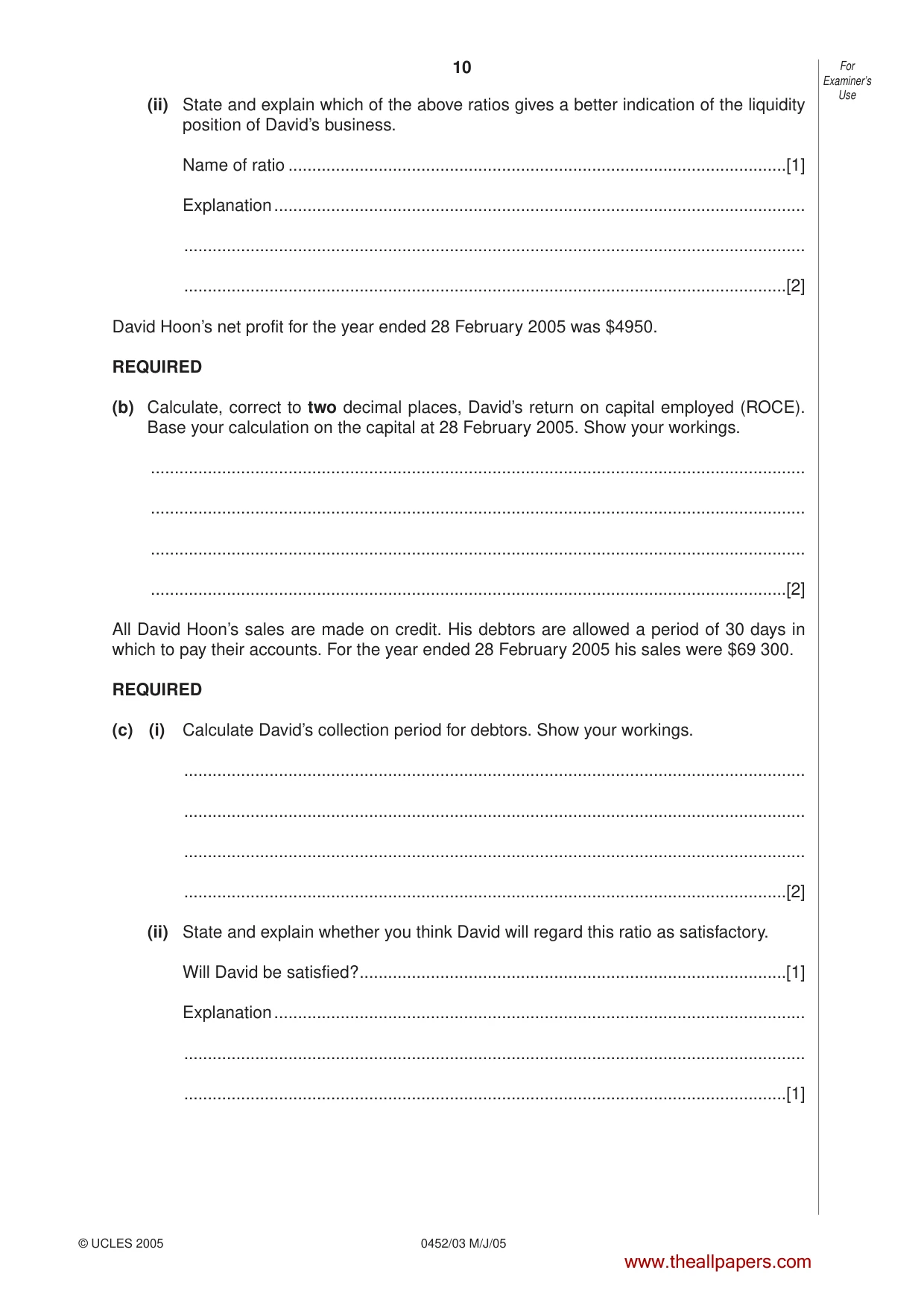 Cambridge IGCSE Accounting 0452 2005 May/June Paper 3 · Variant 1 question paper, page 10 of 20