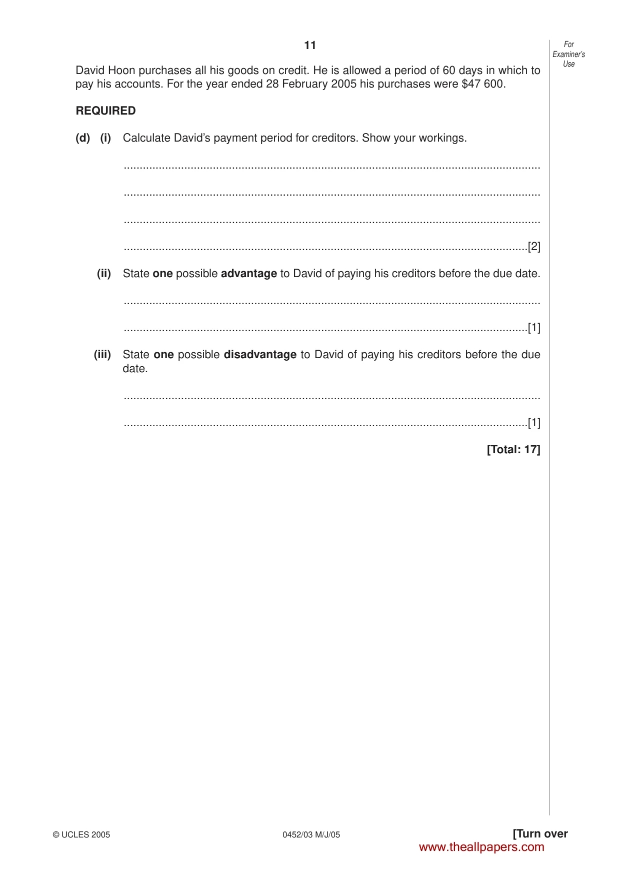 Cambridge IGCSE Accounting 0452 2005 May/June Paper 3 · Variant 1 question paper, page 11 of 20