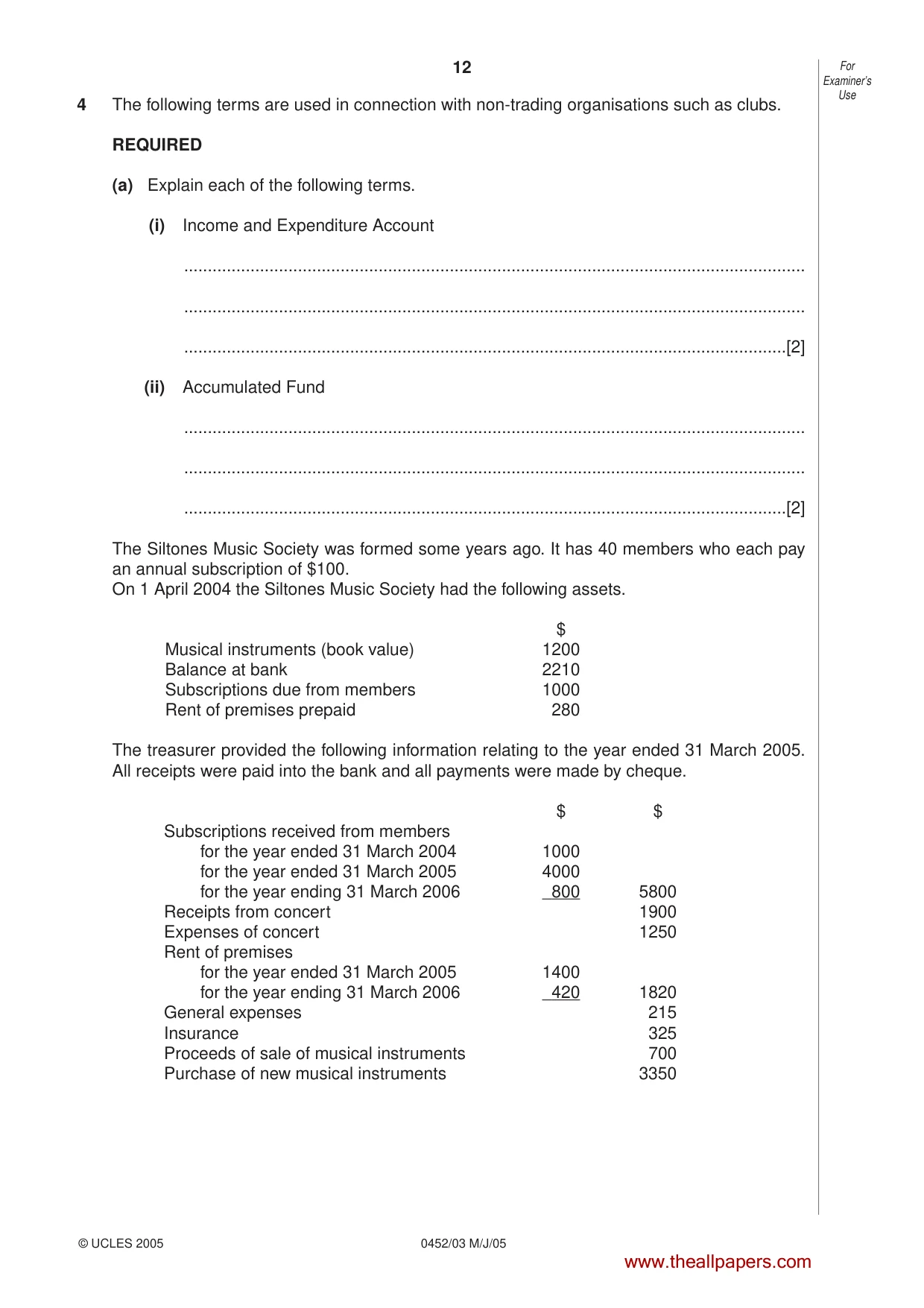 Cambridge IGCSE Accounting 0452 2005 May/June Paper 3 · Variant 1 question paper, page 12 of 20