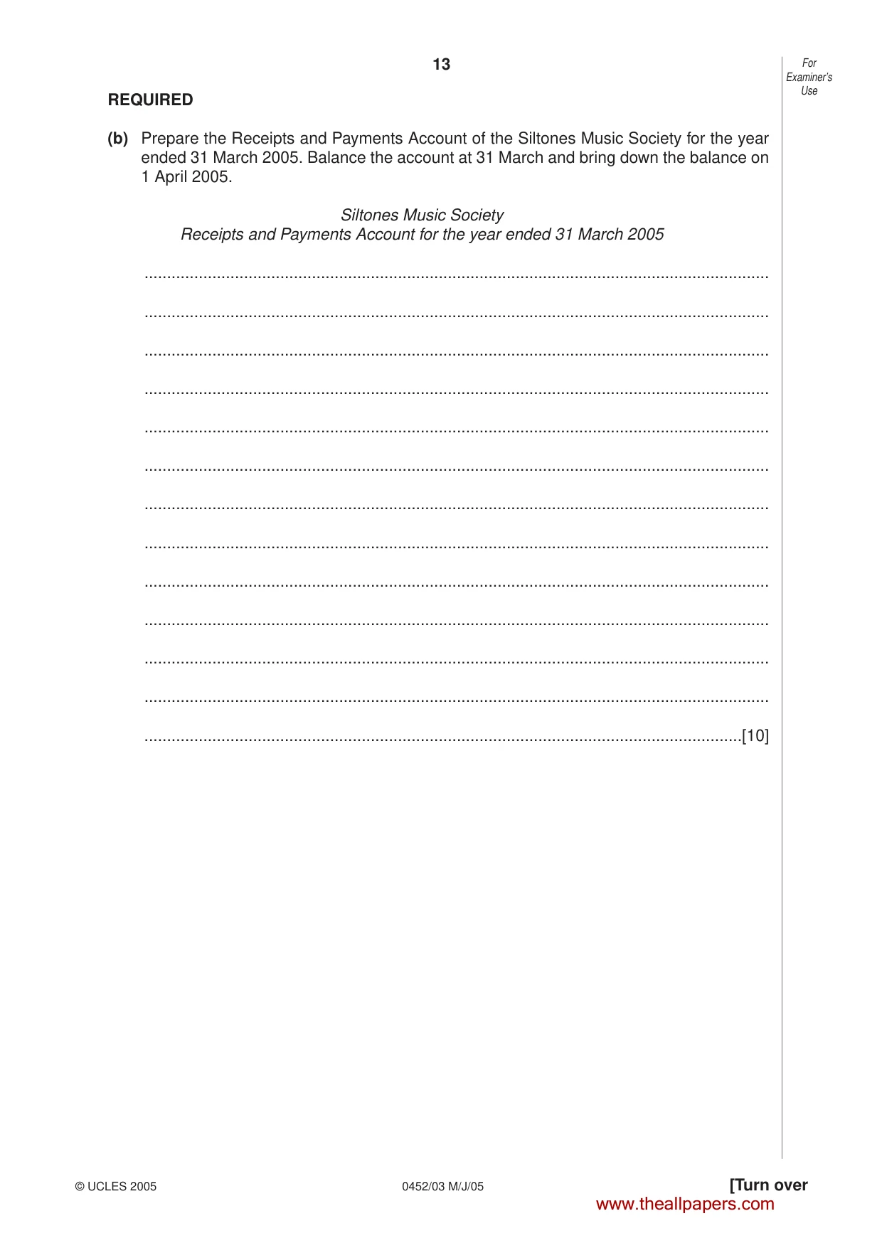 Cambridge IGCSE Accounting 0452 2005 May/June Paper 3 · Variant 1 question paper, page 13 of 20