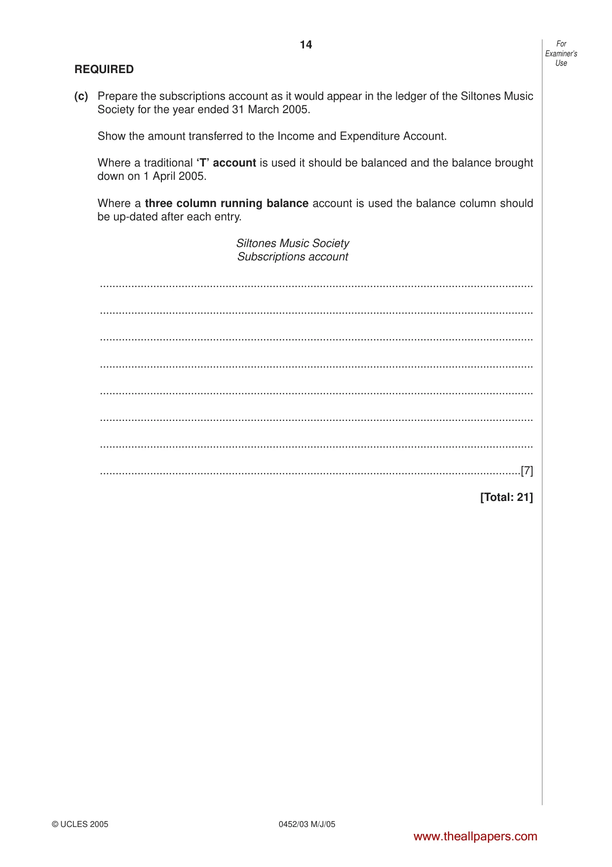 Cambridge IGCSE Accounting 0452 2005 May/June Paper 3 · Variant 1 question paper, page 14 of 20