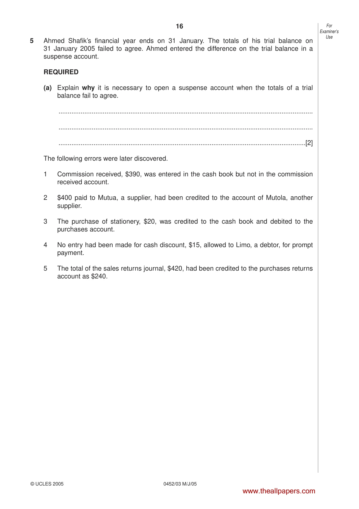Cambridge IGCSE Accounting 0452 2005 May/June Paper 3 · Variant 1 question paper, page 16 of 20