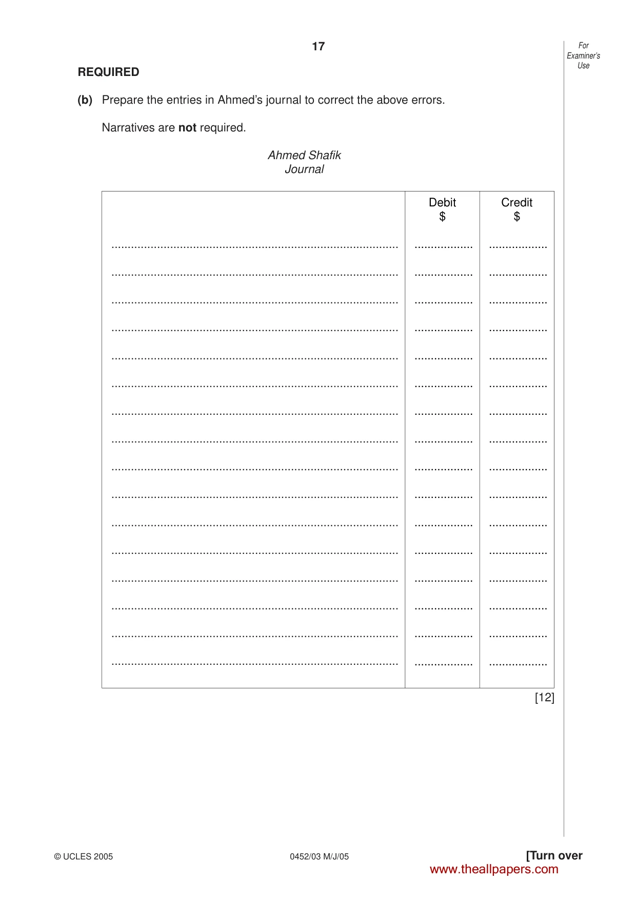 Cambridge IGCSE Accounting 0452 2005 May/June Paper 3 · Variant 1 question paper, page 17 of 20