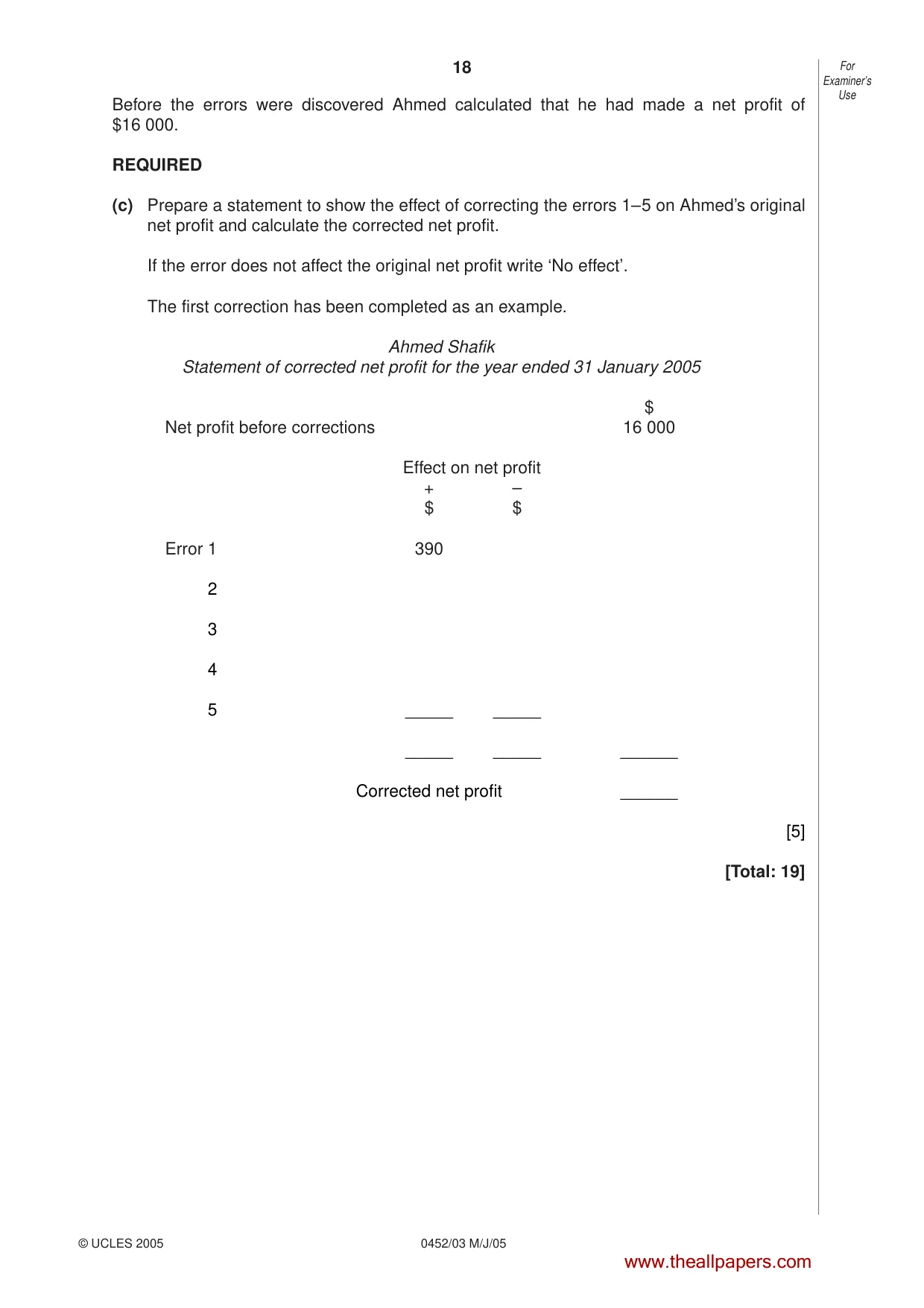 Cambridge IGCSE Accounting 0452 2005 May/June Paper 3 · Variant 1 question paper, page 18 of 20