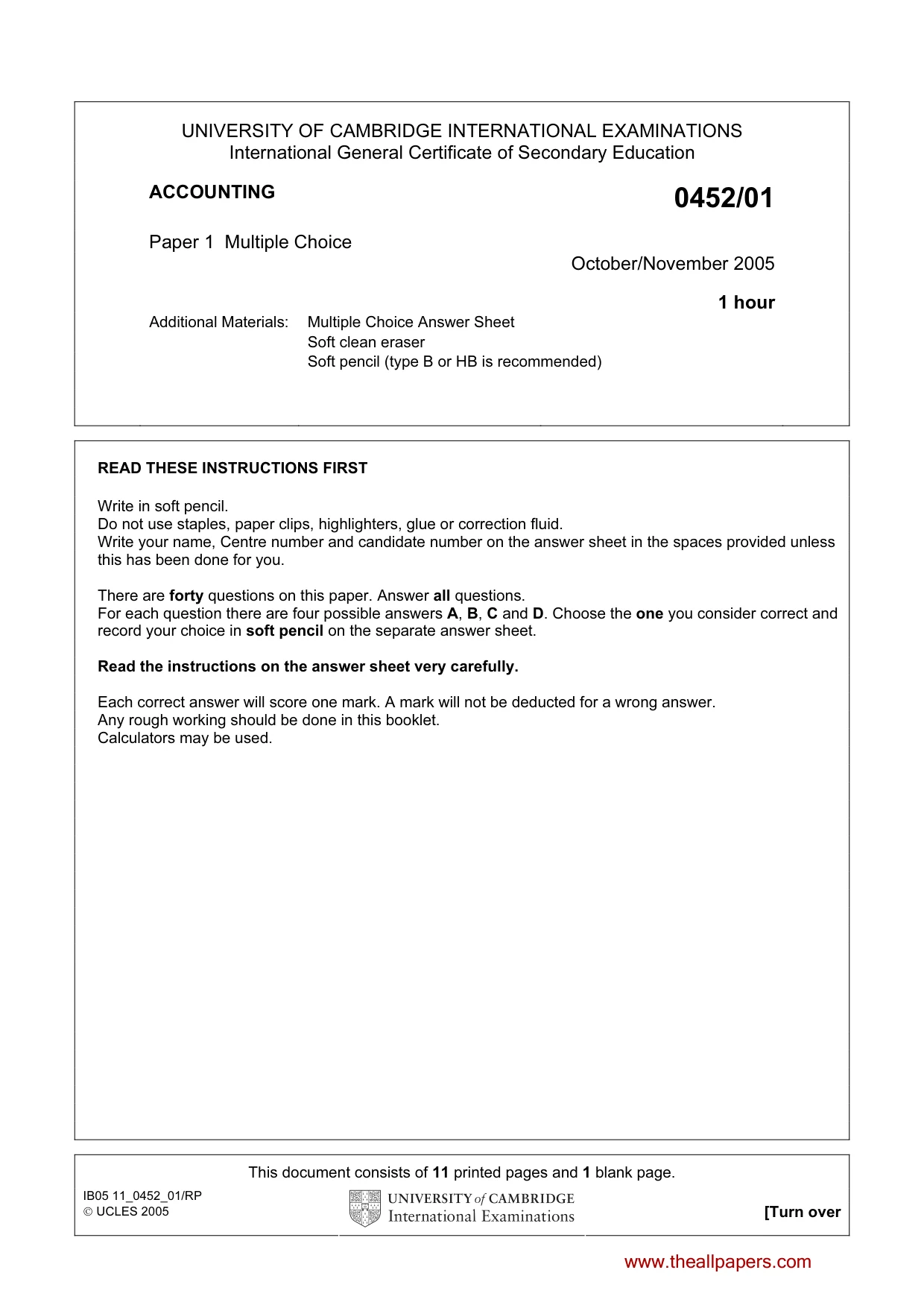 Cambridge IGCSE Accounting 0452 2005 Oct/Nov Paper 1 · Variant 1 question paper, page 1 of 12