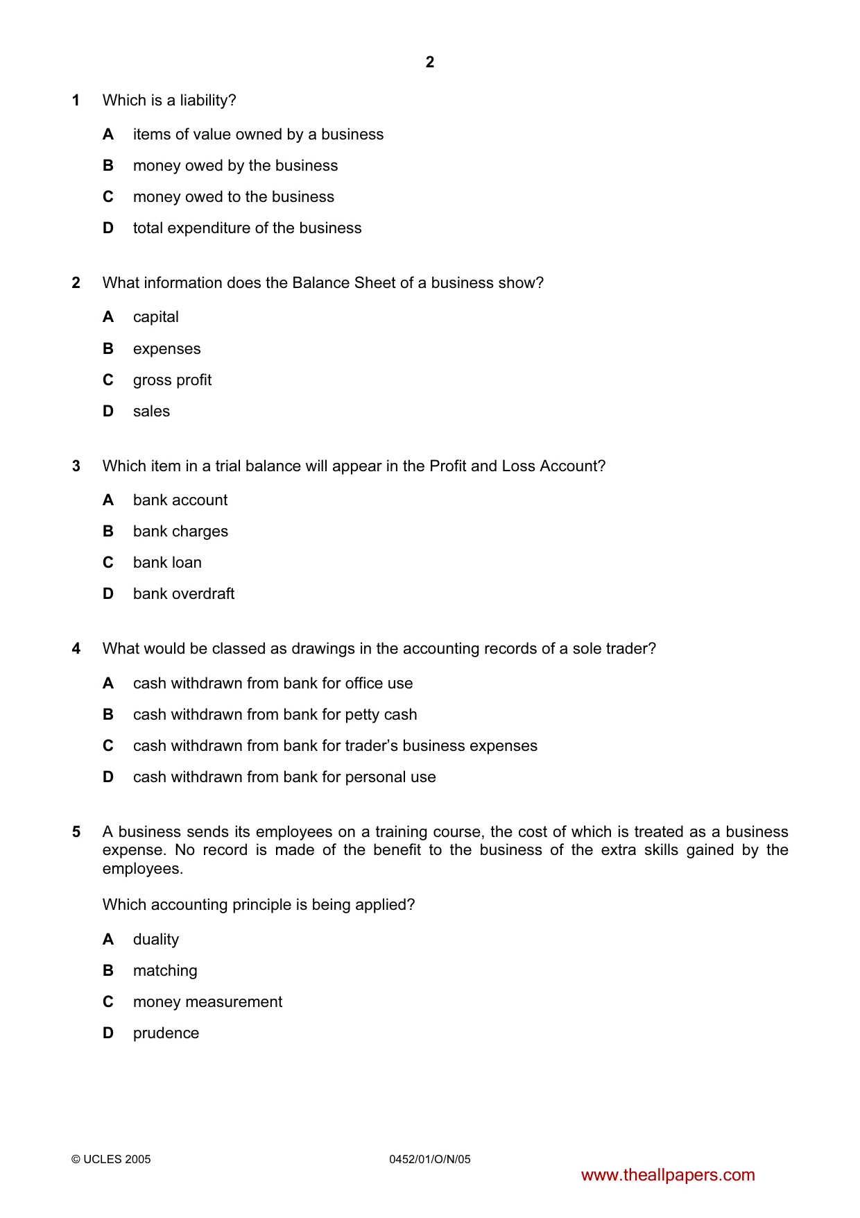 Cambridge IGCSE Accounting 0452 2005 Oct/Nov Paper 1 · Variant 1 question paper, page 2 of 12