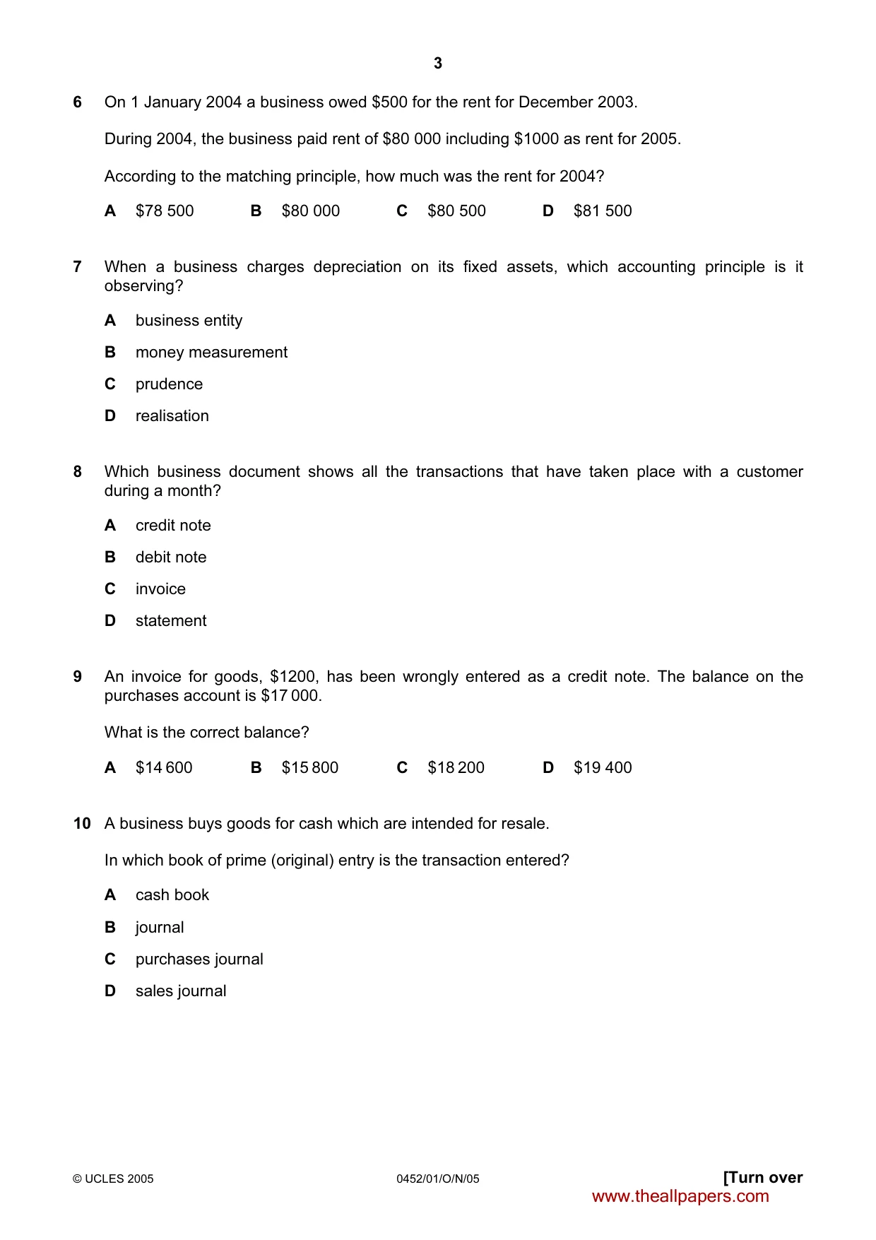 Cambridge IGCSE Accounting 0452 2005 Oct/Nov Paper 1 · Variant 1 question paper, page 3 of 12