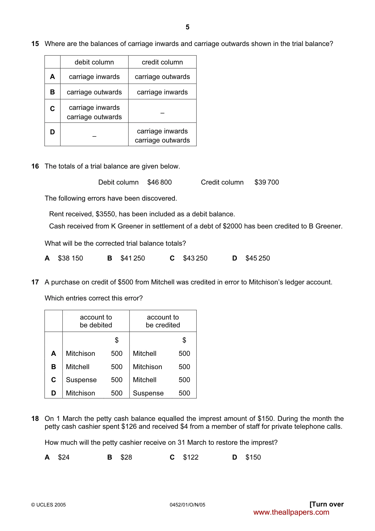 Cambridge IGCSE Accounting 0452 2005 Oct/Nov Paper 1 · Variant 1 question paper, page 5 of 12