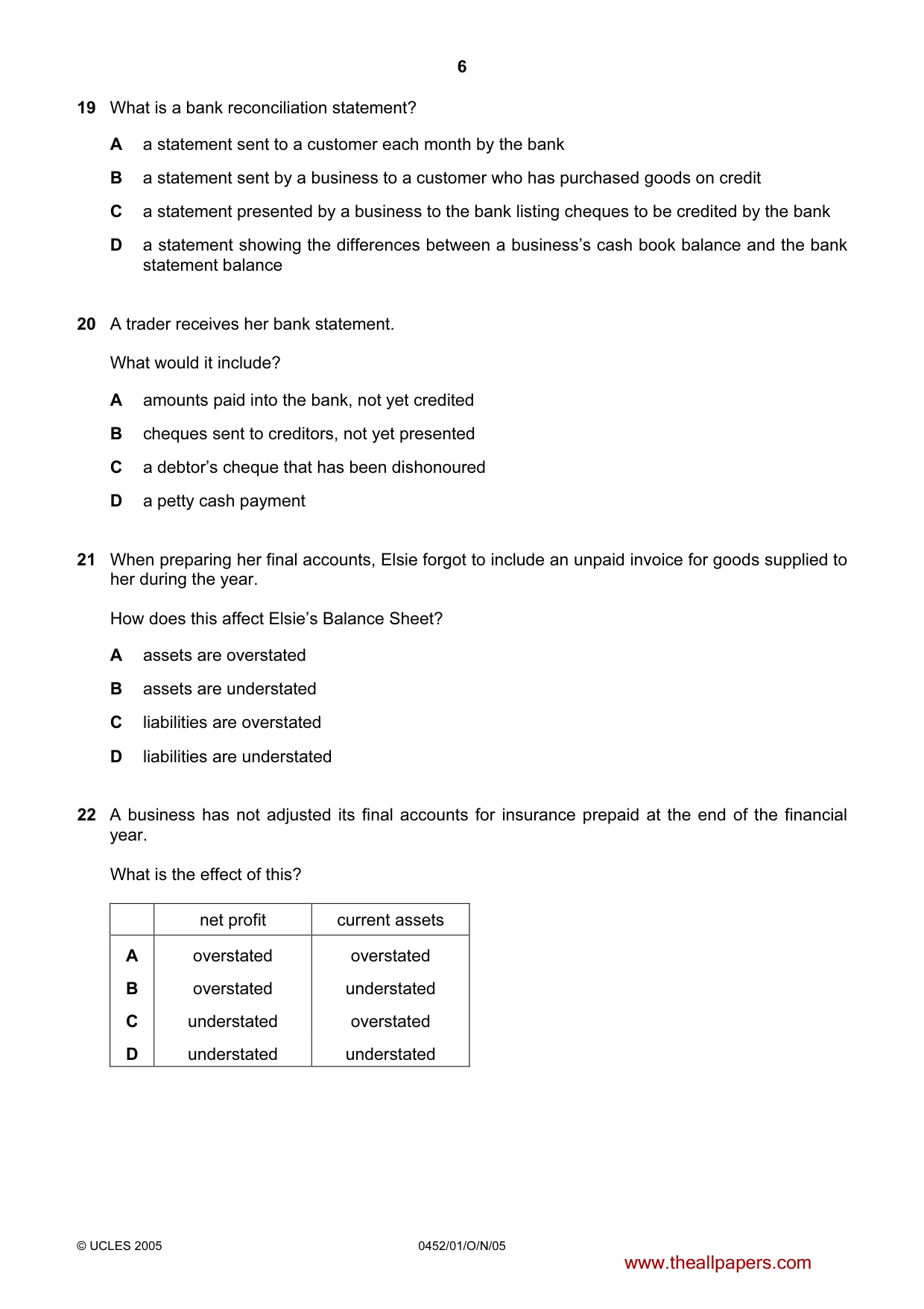 Cambridge IGCSE Accounting 0452 2005 Oct/Nov Paper 1 · Variant 1 question paper, page 6 of 12