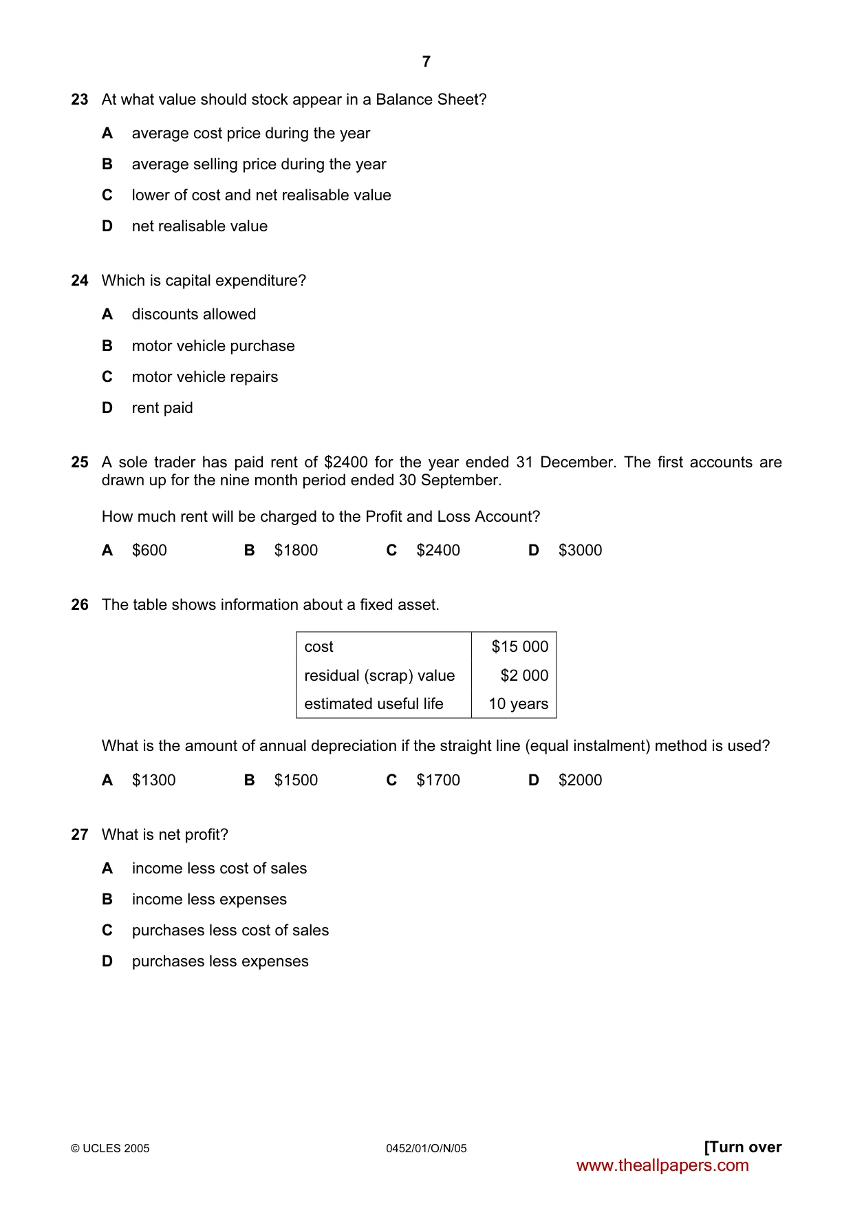 Cambridge IGCSE Accounting 0452 2005 Oct/Nov Paper 1 · Variant 1 question paper, page 7 of 12