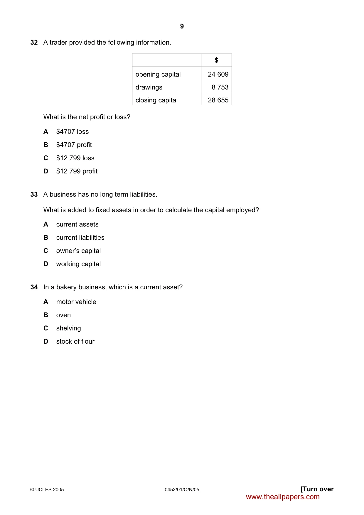 Cambridge IGCSE Accounting 0452 2005 Oct/Nov Paper 1 · Variant 1 question paper, page 9 of 12