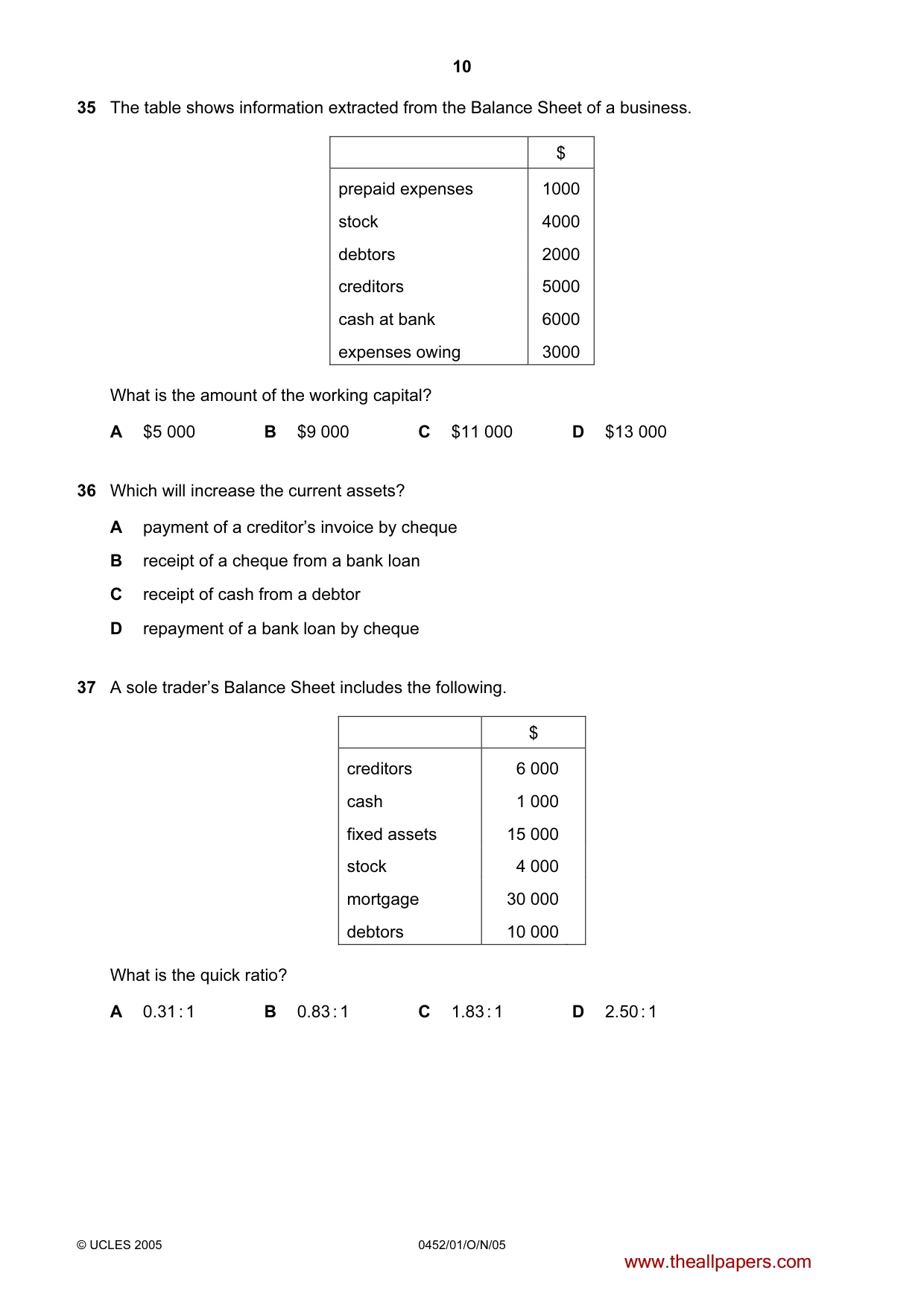 Cambridge IGCSE Accounting 0452 2005 Oct/Nov Paper 1 · Variant 1 question paper, page 10 of 12