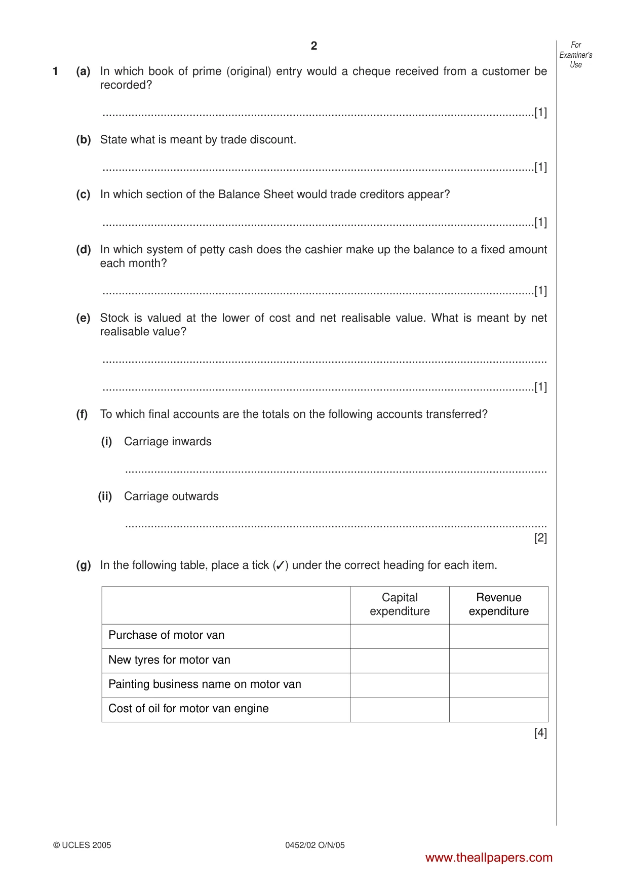 Cambridge IGCSE Accounting 0452 2005 Oct/Nov Paper 2 · Variant 1 question paper, page 2 of 16