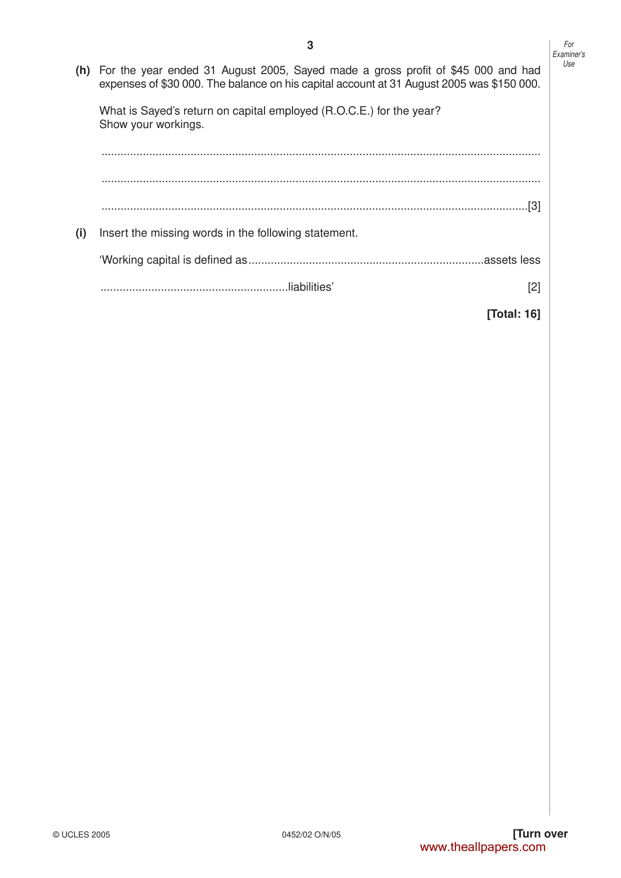 Cambridge IGCSE Accounting 0452 2005 Oct/Nov Paper 2 · Variant 1 question paper, page 3 of 16