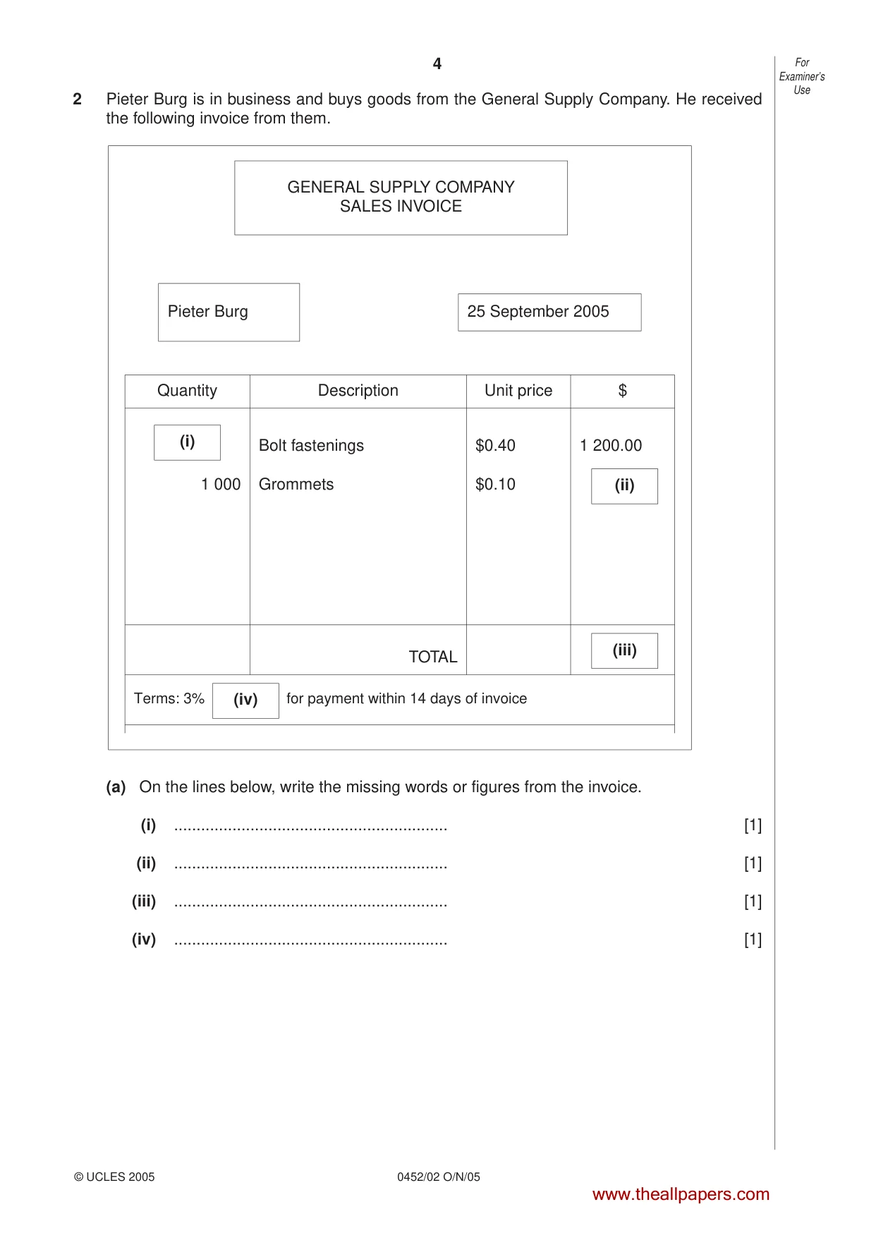 Cambridge IGCSE Accounting 0452 2005 Oct/Nov Paper 2 · Variant 1 question paper, page 4 of 16