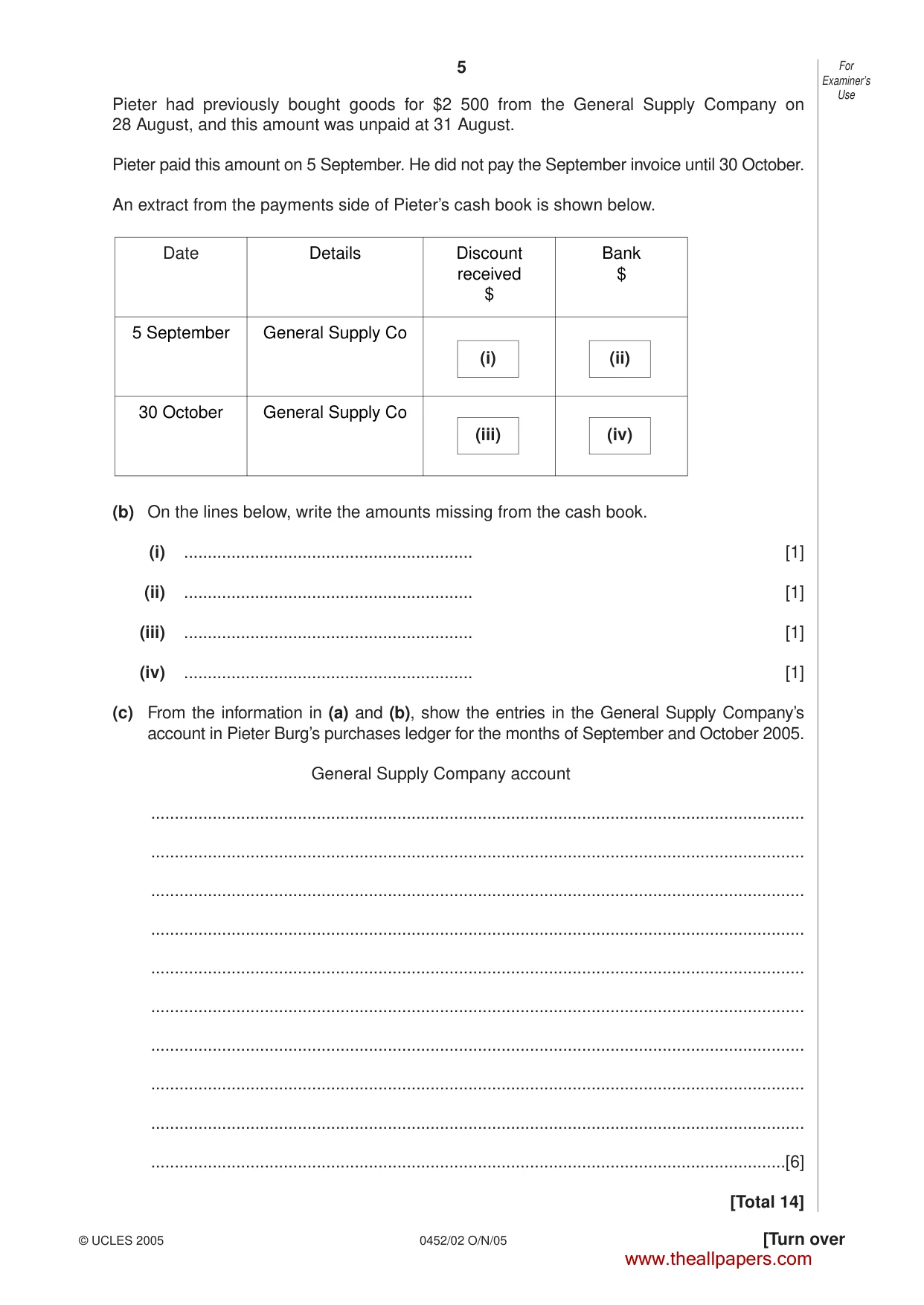 Cambridge IGCSE Accounting 0452 2005 Oct/Nov Paper 2 · Variant 1 question paper, page 5 of 16