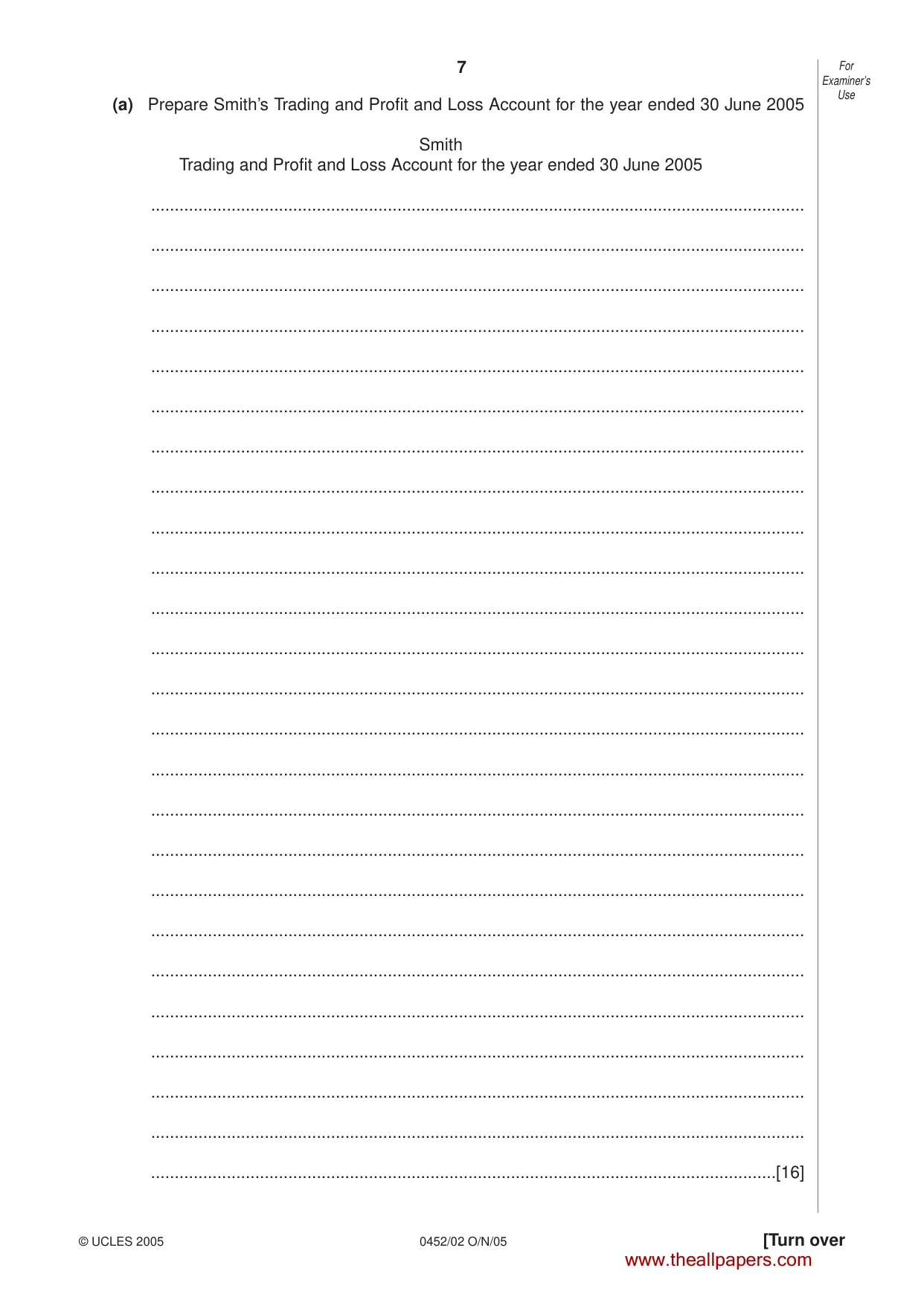 Cambridge IGCSE Accounting 0452 2005 Oct/Nov Paper 2 · Variant 1 question paper, page 7 of 16