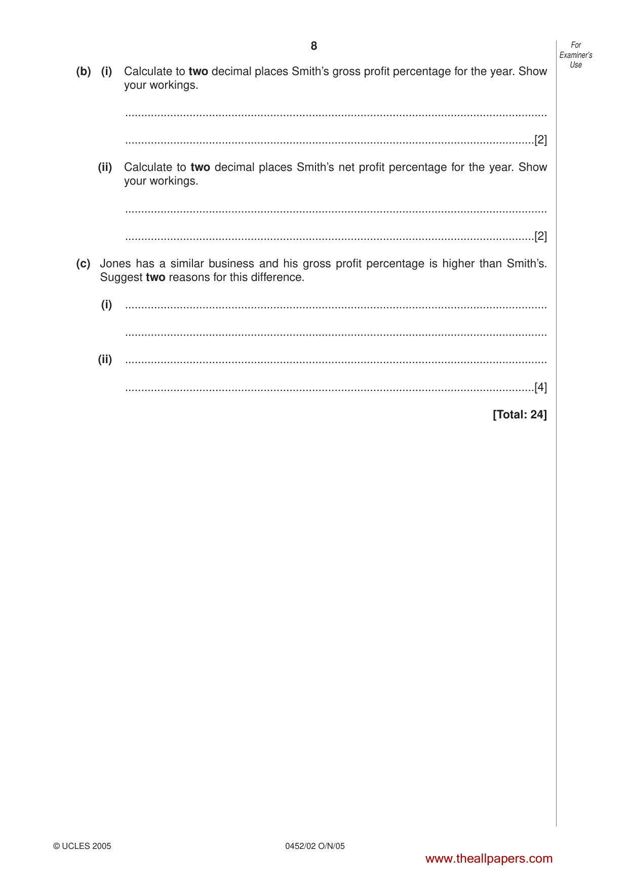 Cambridge IGCSE Accounting 0452 2005 Oct/Nov Paper 2 · Variant 1 question paper, page 8 of 16
