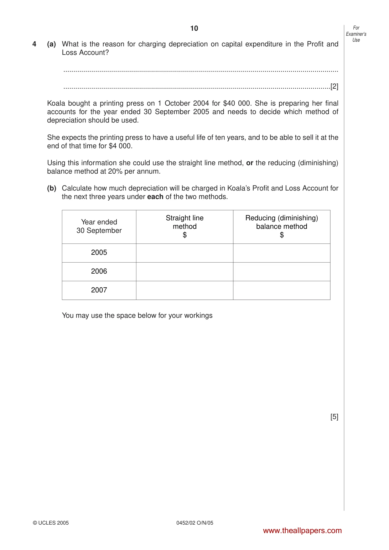 Cambridge IGCSE Accounting 0452 2005 Oct/Nov Paper 2 · Variant 1 question paper, page 10 of 16