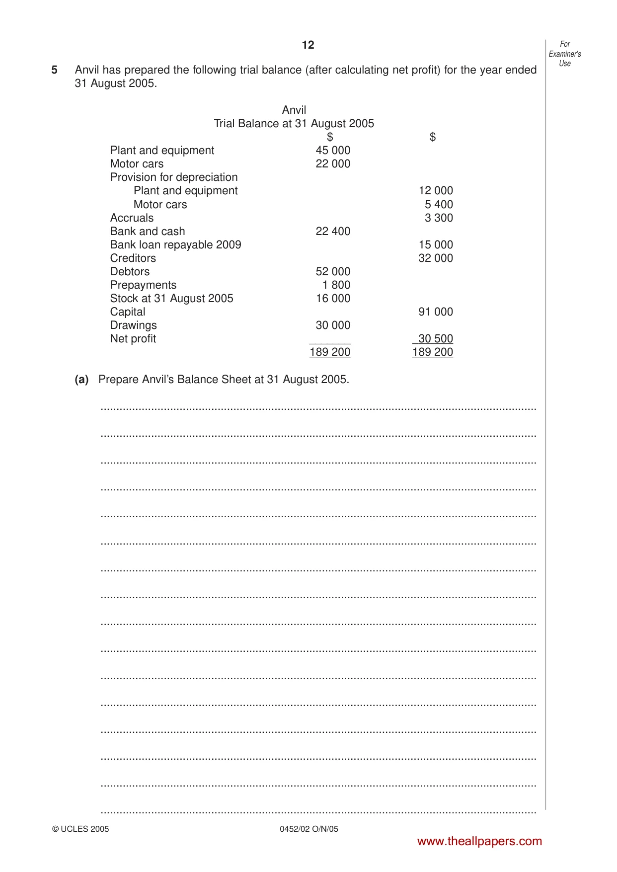 Cambridge IGCSE Accounting 0452 2005 Oct/Nov Paper 2 · Variant 1 question paper, page 12 of 16