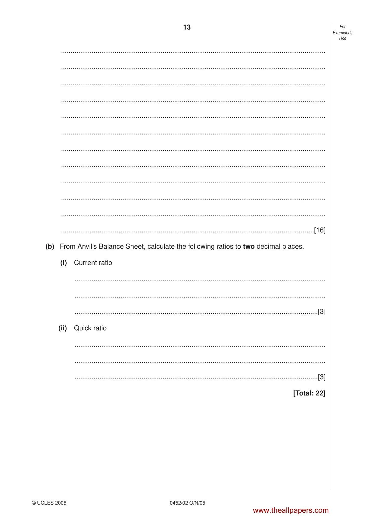 Cambridge IGCSE Accounting 0452 2005 Oct/Nov Paper 2 · Variant 1 question paper, page 13 of 16