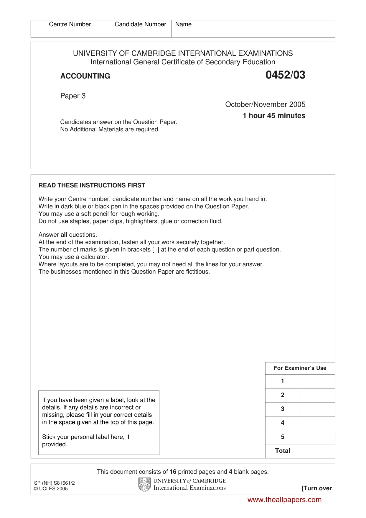 Cambridge IGCSE Accounting 0452 2005 Oct/Nov Paper 3 · Variant 1 question paper, page 1 of 20