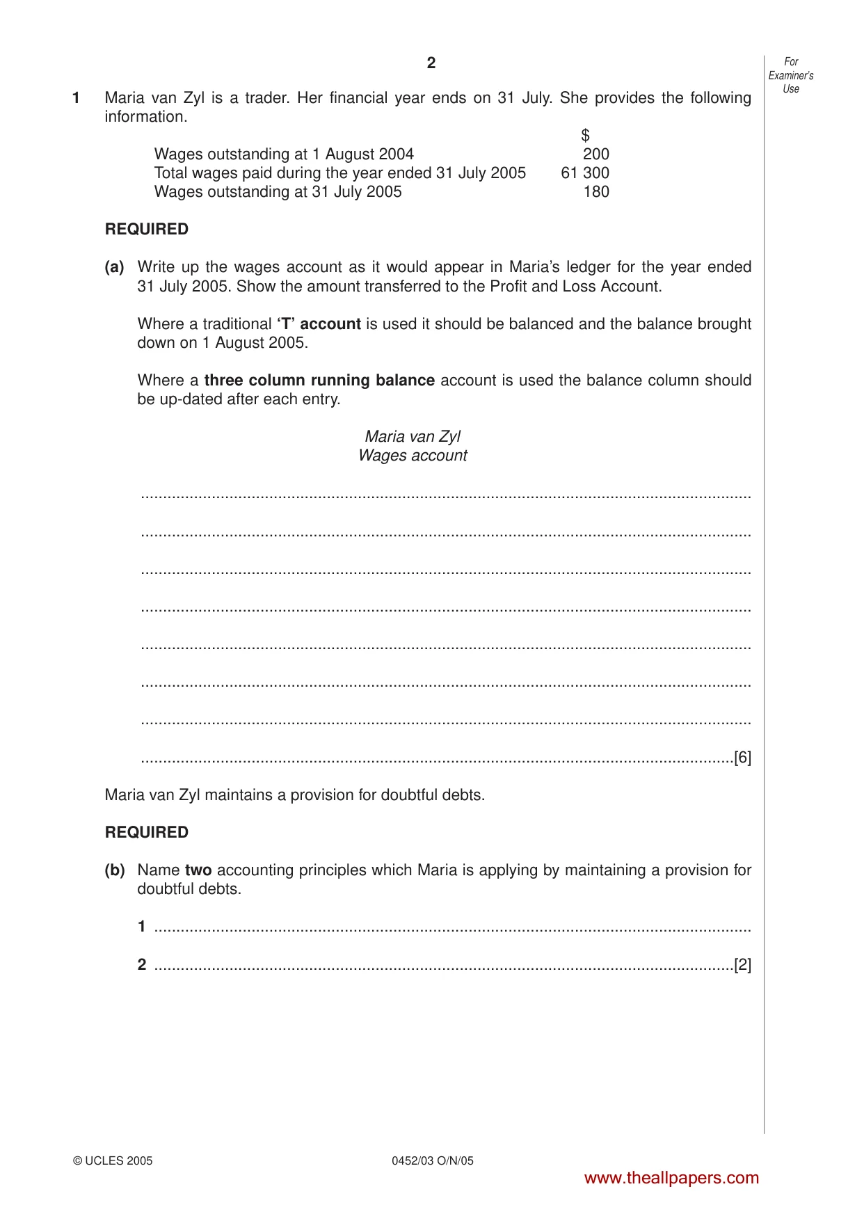 Cambridge IGCSE Accounting 0452 2005 Oct/Nov Paper 3 · Variant 1 question paper, page 2 of 20