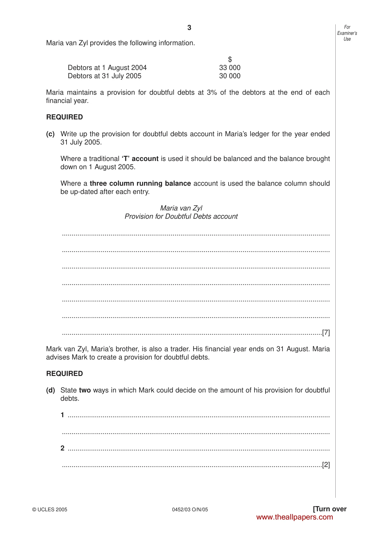 Cambridge IGCSE Accounting 0452 2005 Oct/Nov Paper 3 · Variant 1 question paper, page 3 of 20