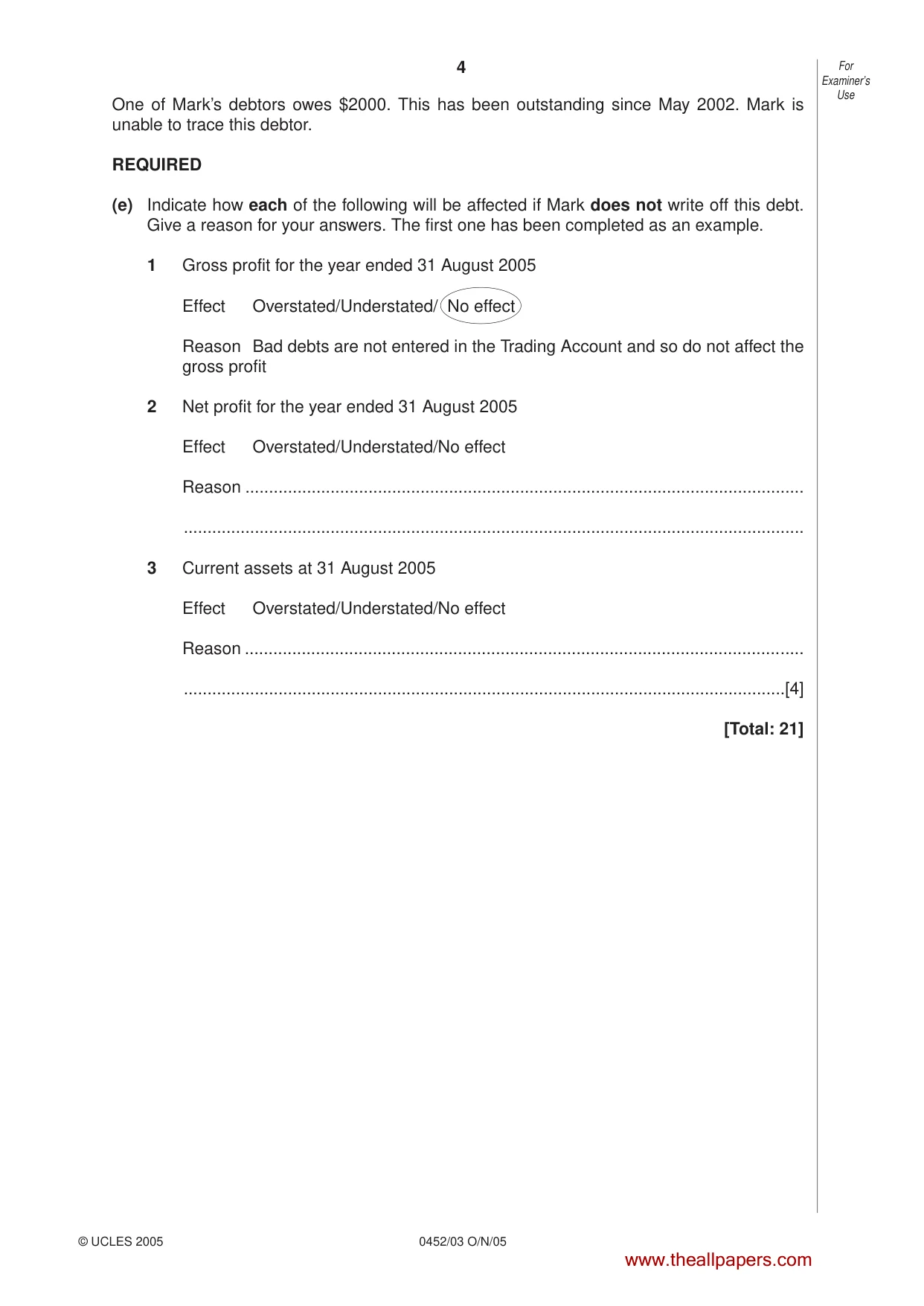 Cambridge IGCSE Accounting 0452 2005 Oct/Nov Paper 3 · Variant 1 question paper, page 4 of 20