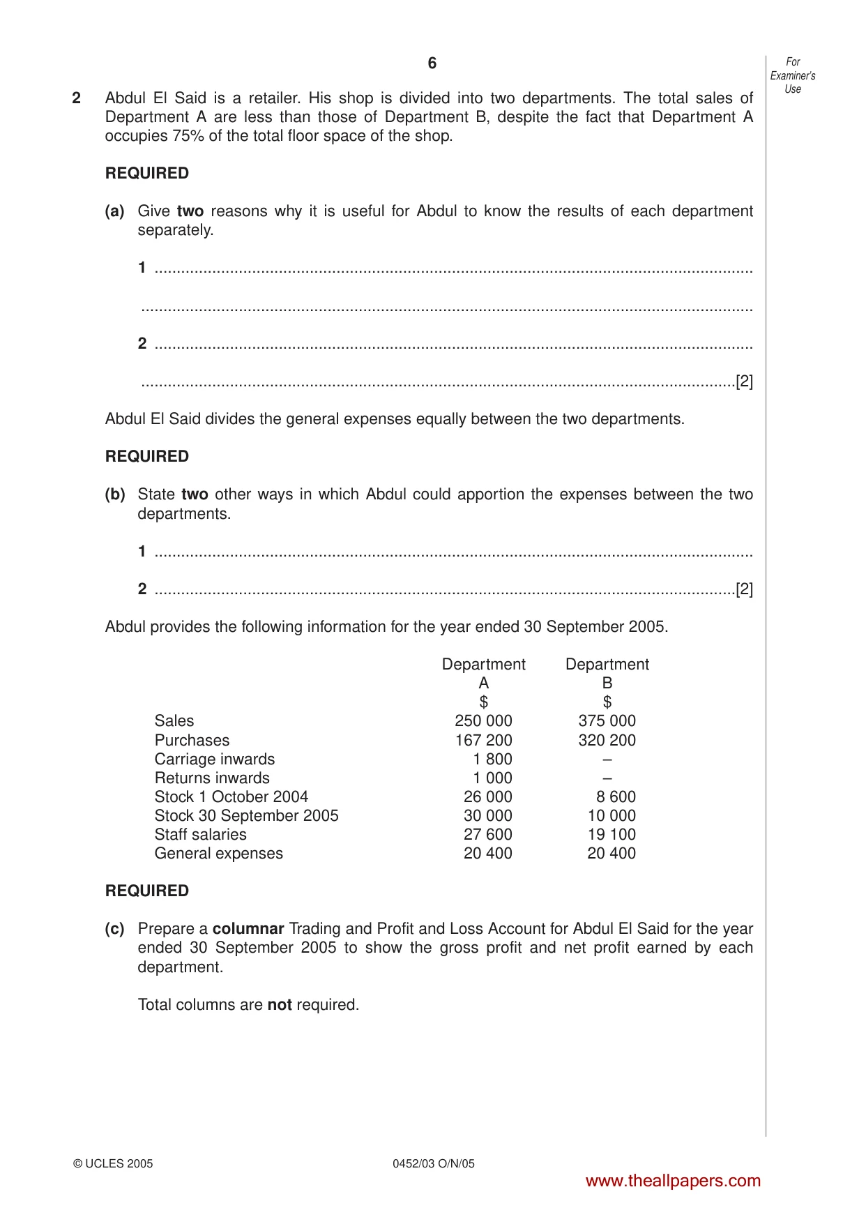Cambridge IGCSE Accounting 0452 2005 Oct/Nov Paper 3 · Variant 1 question paper, page 6 of 20