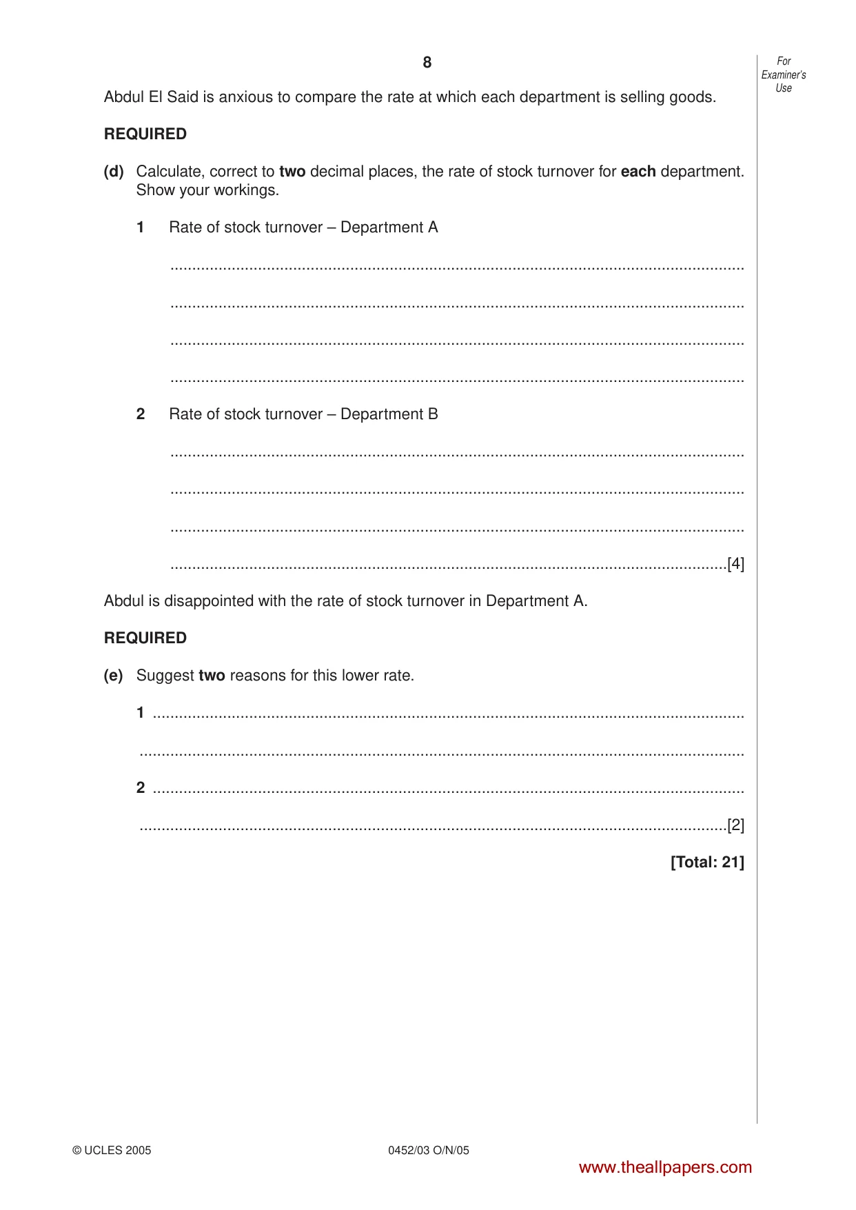 Cambridge IGCSE Accounting 0452 2005 Oct/Nov Paper 3 · Variant 1 question paper, page 8 of 20