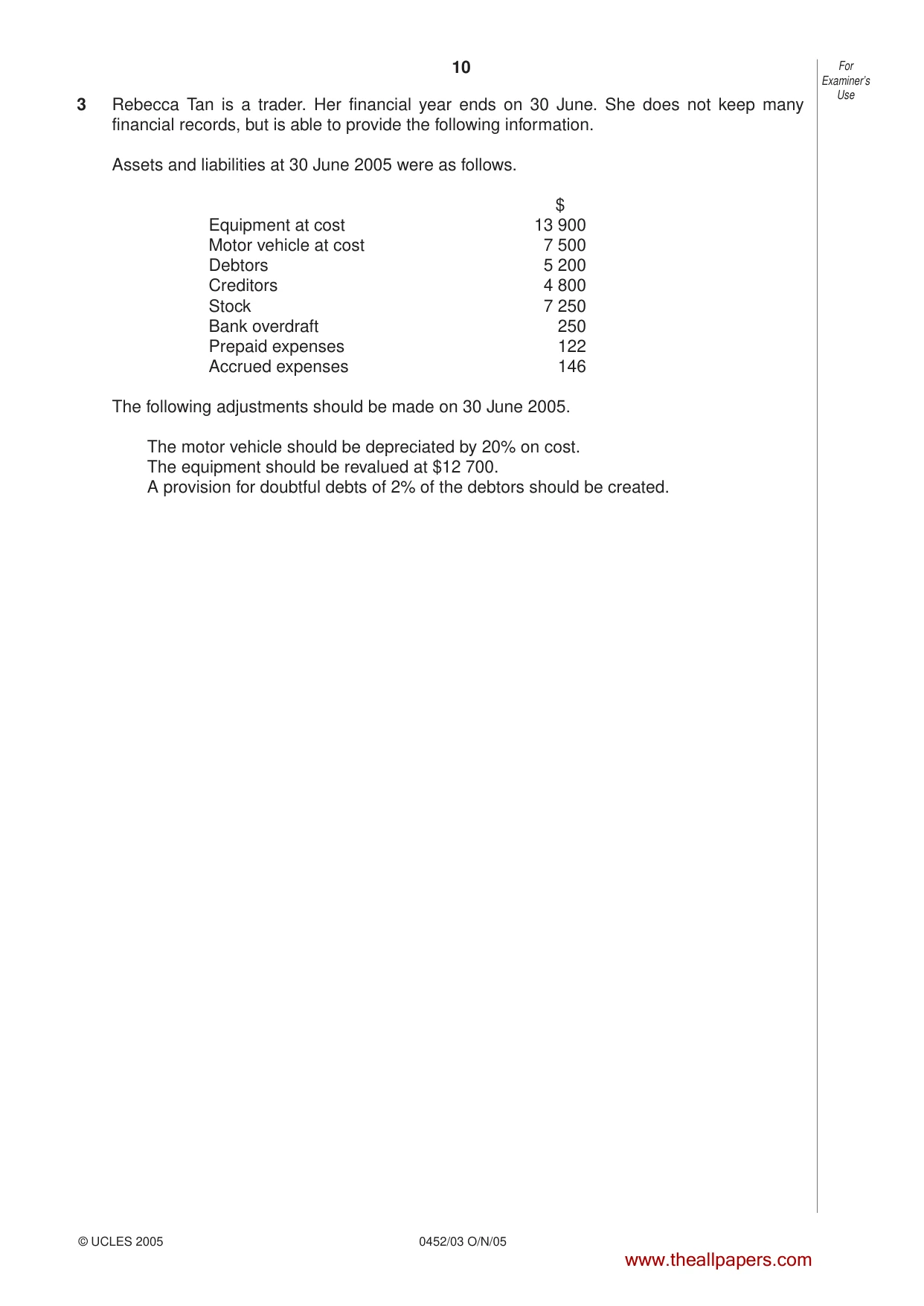 Cambridge IGCSE Accounting 0452 2005 Oct/Nov Paper 3 · Variant 1 question paper, page 10 of 20