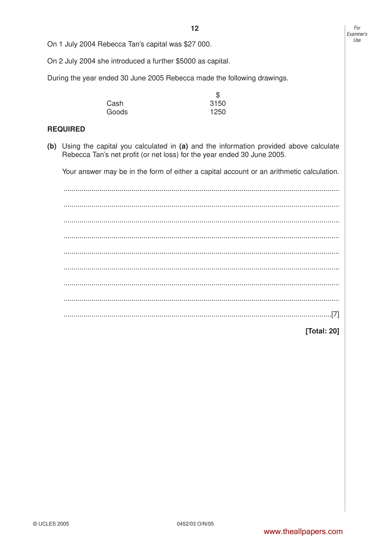 Cambridge IGCSE Accounting 0452 2005 Oct/Nov Paper 3 · Variant 1 question paper, page 12 of 20