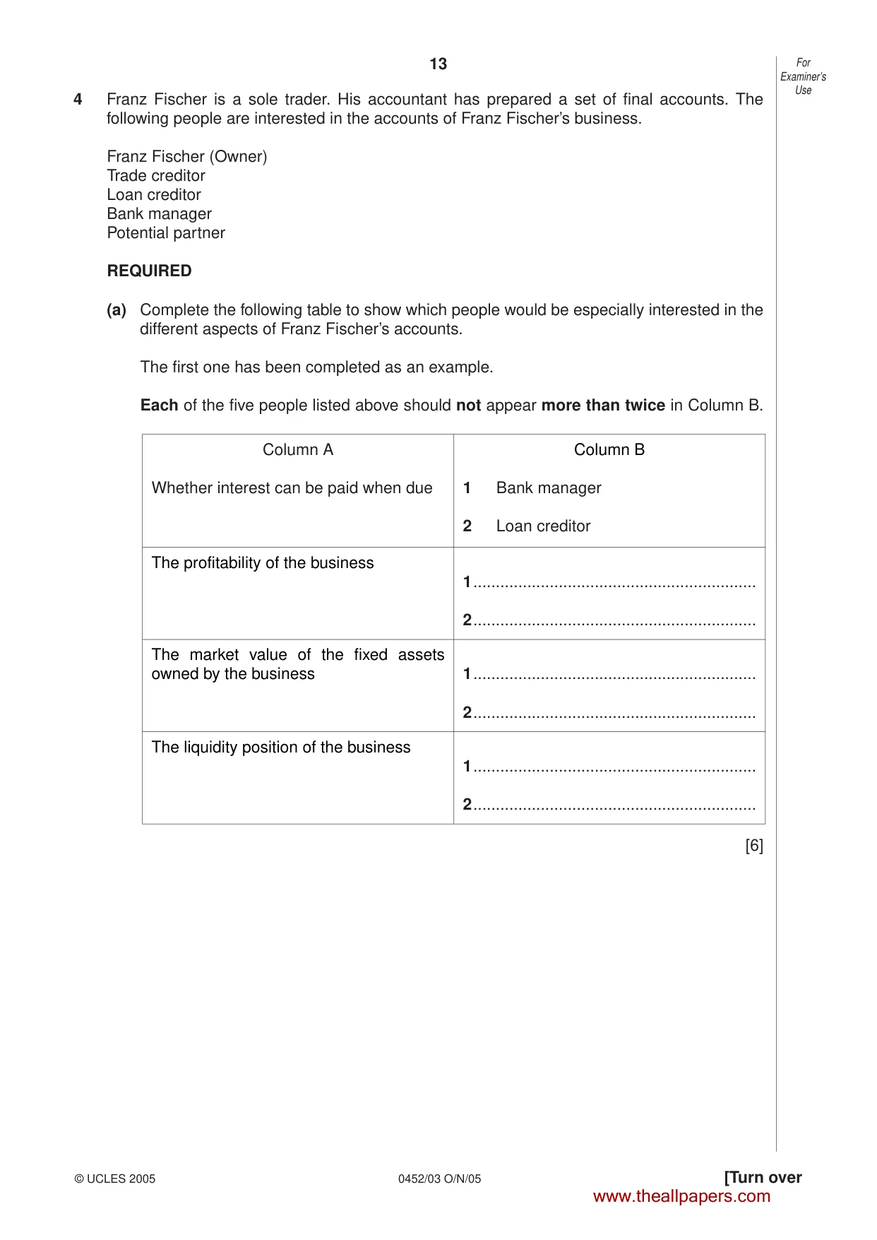 Cambridge IGCSE Accounting 0452 2005 Oct/Nov Paper 3 · Variant 1 question paper, page 13 of 20