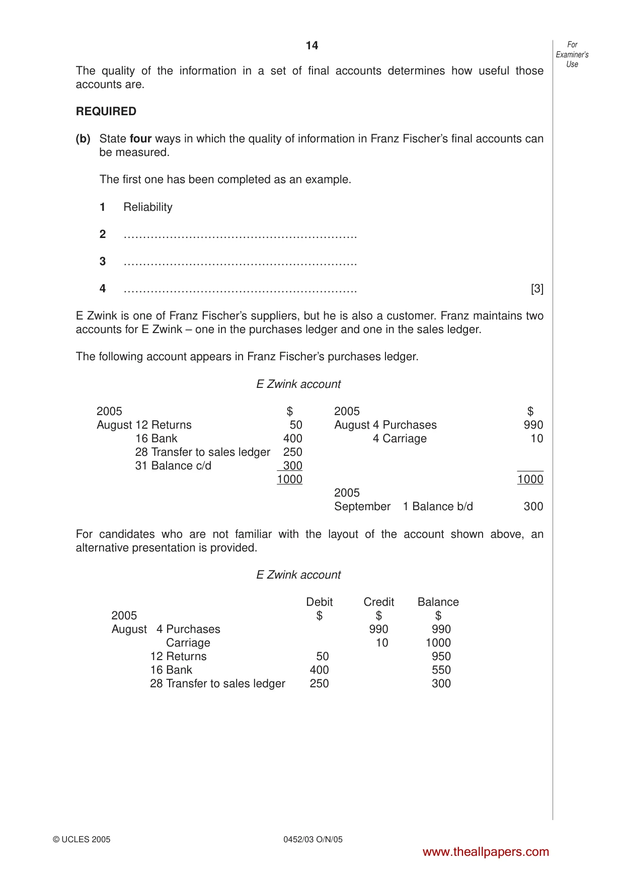 Cambridge IGCSE Accounting 0452 2005 Oct/Nov Paper 3 · Variant 1 question paper, page 14 of 20