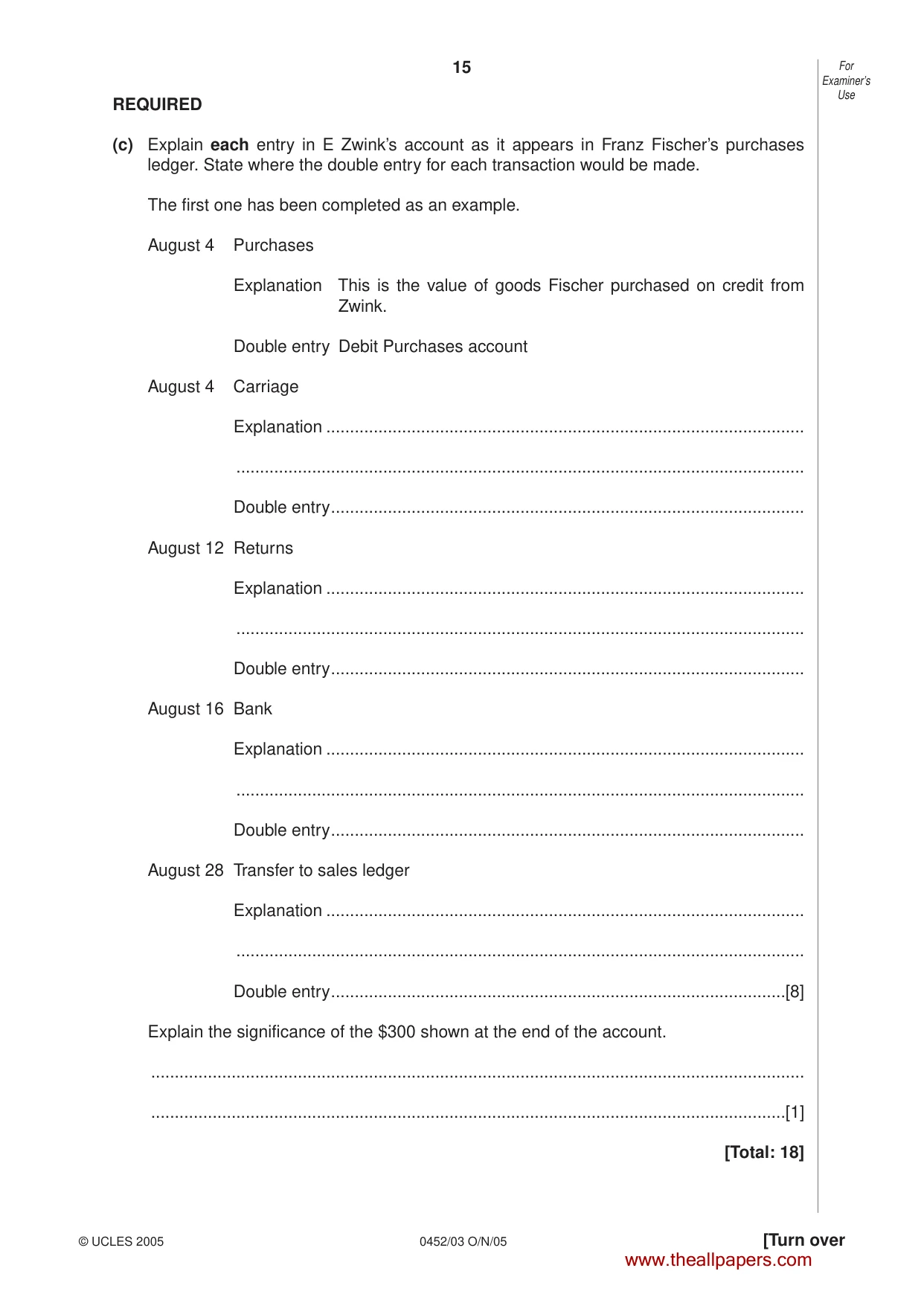 Cambridge IGCSE Accounting 0452 2005 Oct/Nov Paper 3 · Variant 1 question paper, page 15 of 20