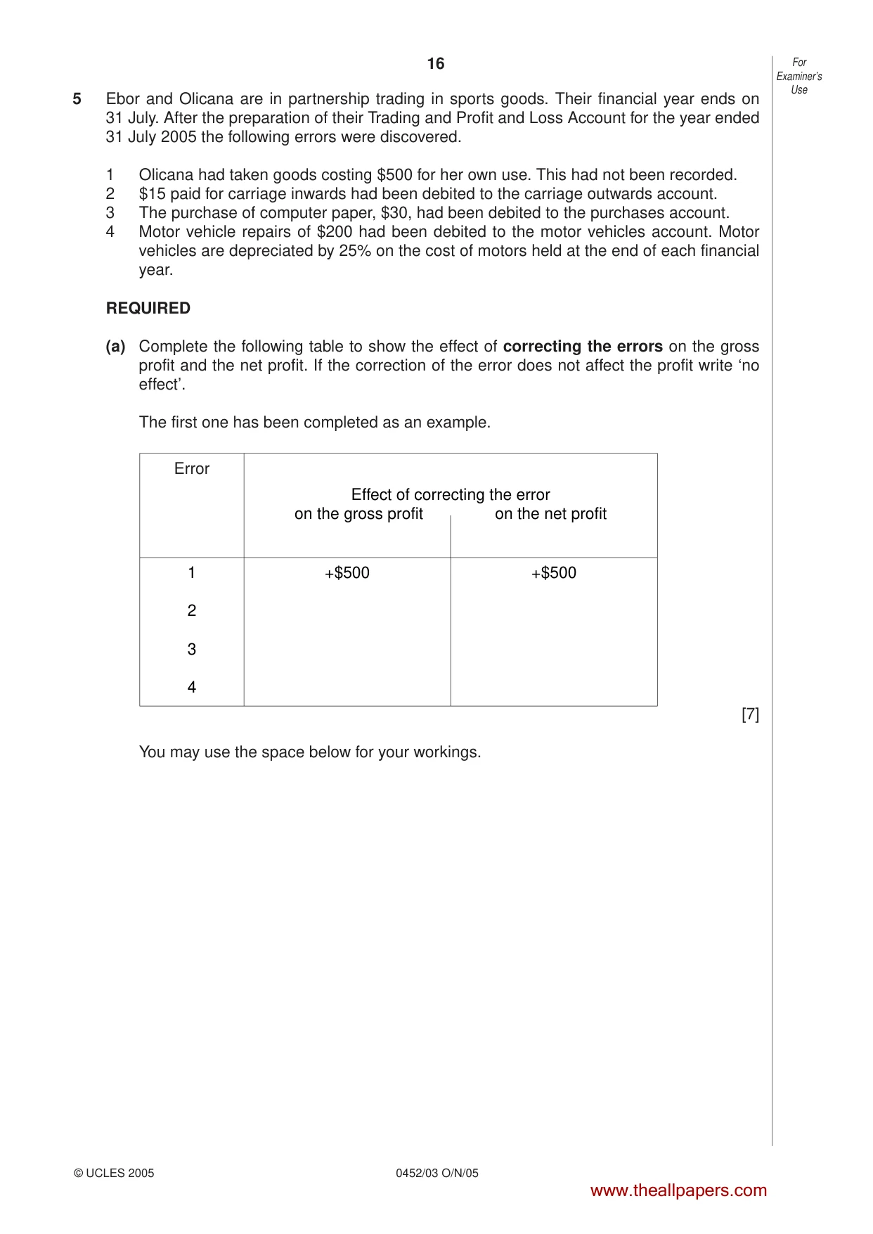 Cambridge IGCSE Accounting 0452 2005 Oct/Nov Paper 3 · Variant 1 question paper, page 16 of 20