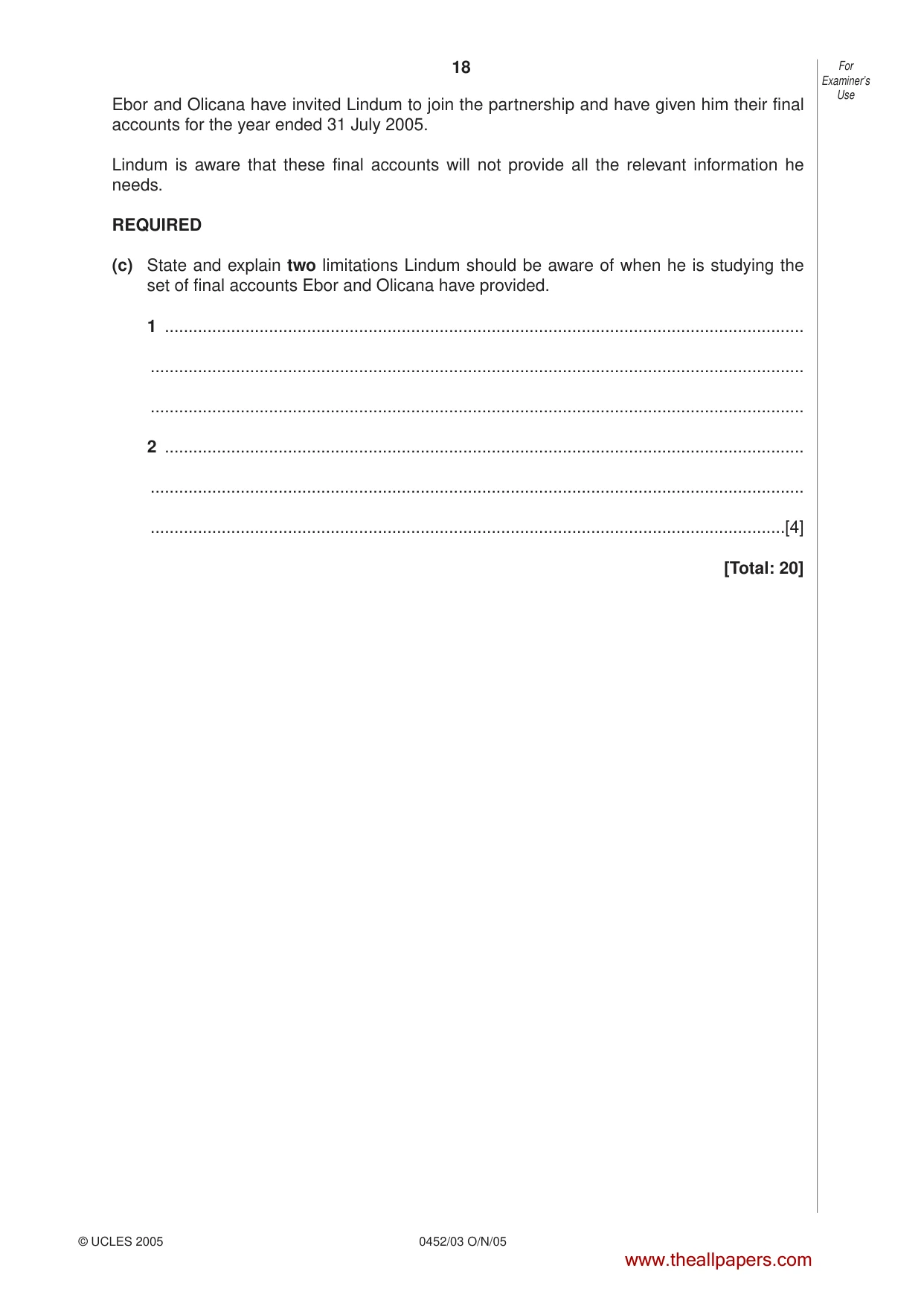 Cambridge IGCSE Accounting 0452 2005 Oct/Nov Paper 3 · Variant 1 question paper, page 18 of 20