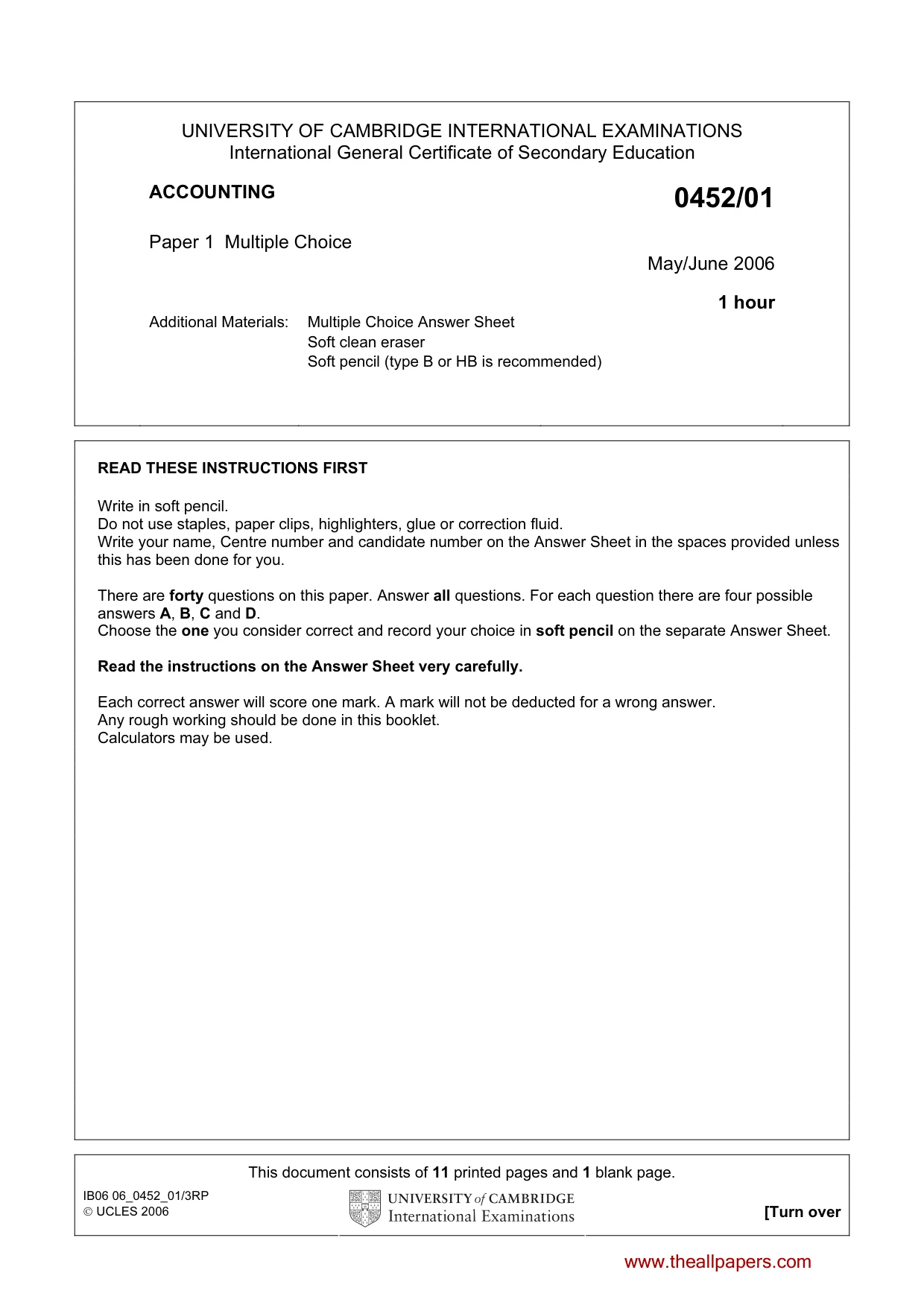 Cambridge IGCSE Accounting 0452 2006 May/June Paper 1 · Variant 1 question paper, page 1 of 12