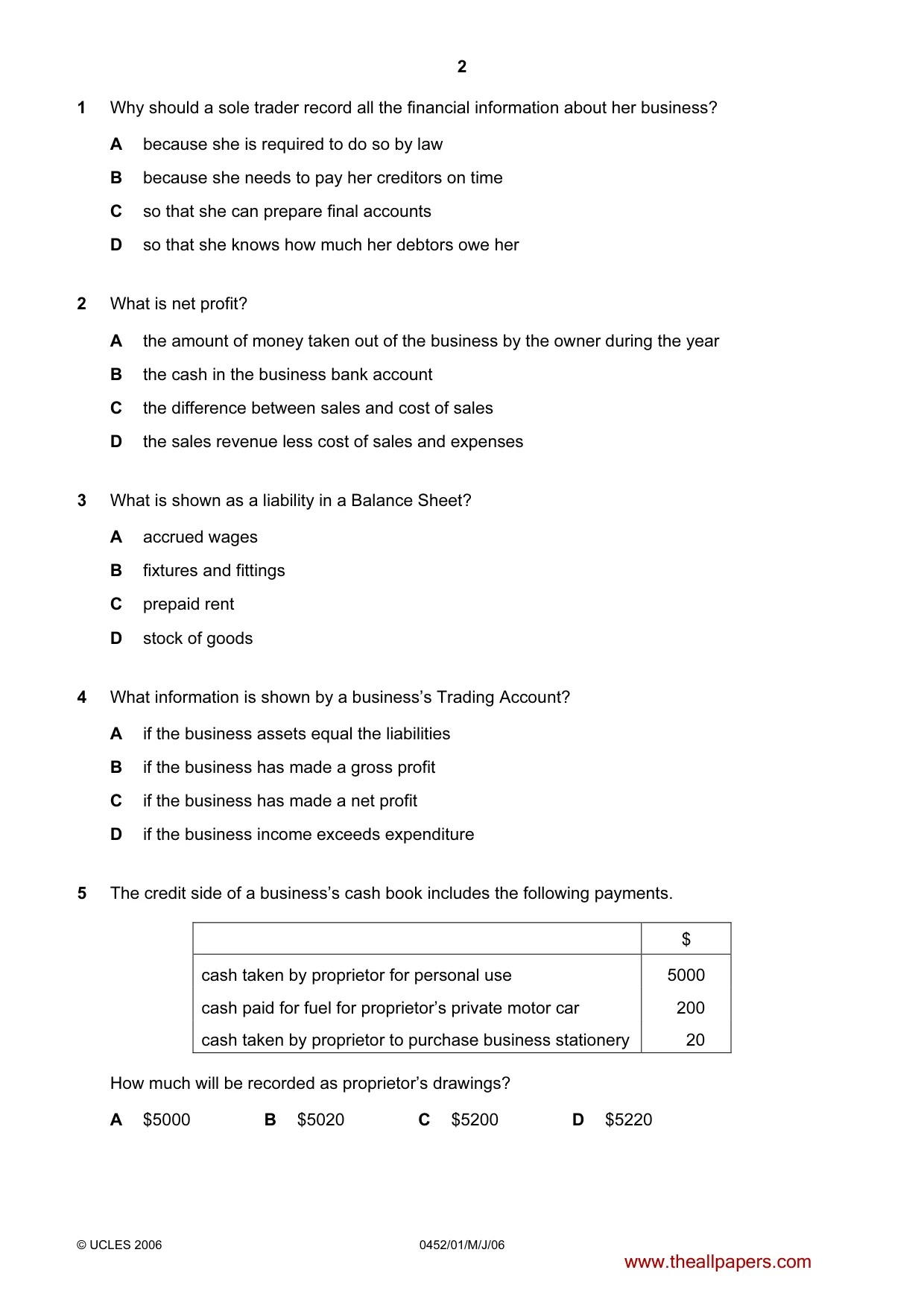 Cambridge IGCSE Accounting 0452 2006 May/June Paper 1 · Variant 1 question paper, page 2 of 12