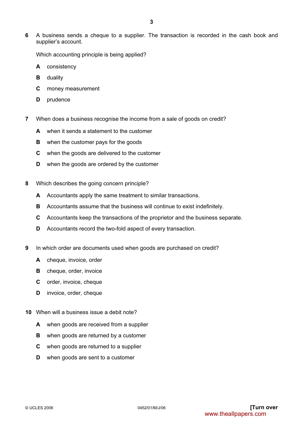 Cambridge IGCSE Accounting 0452 2006 May/June Paper 1 · Variant 1 question paper, page 3 of 12