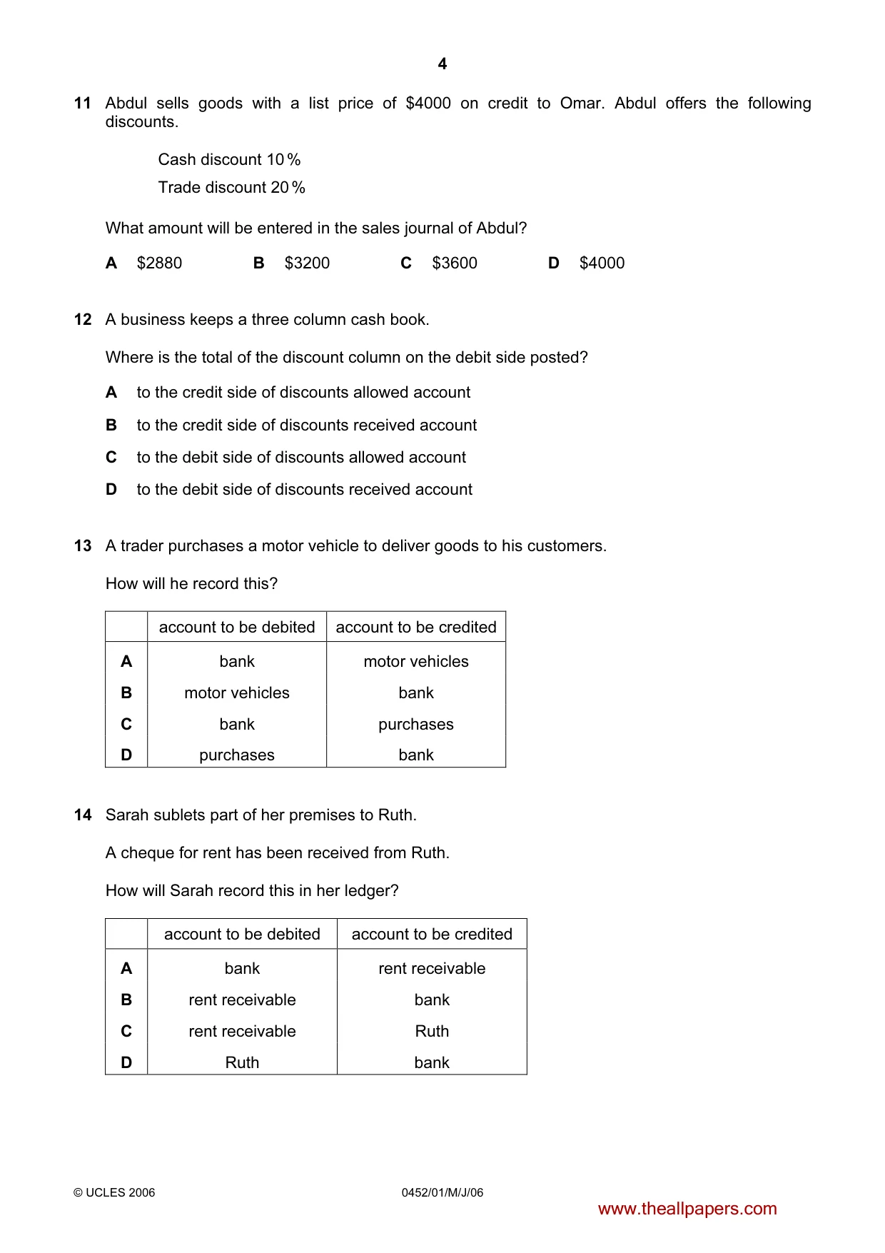 Cambridge IGCSE Accounting 0452 2006 May/June Paper 1 · Variant 1 question paper, page 4 of 12