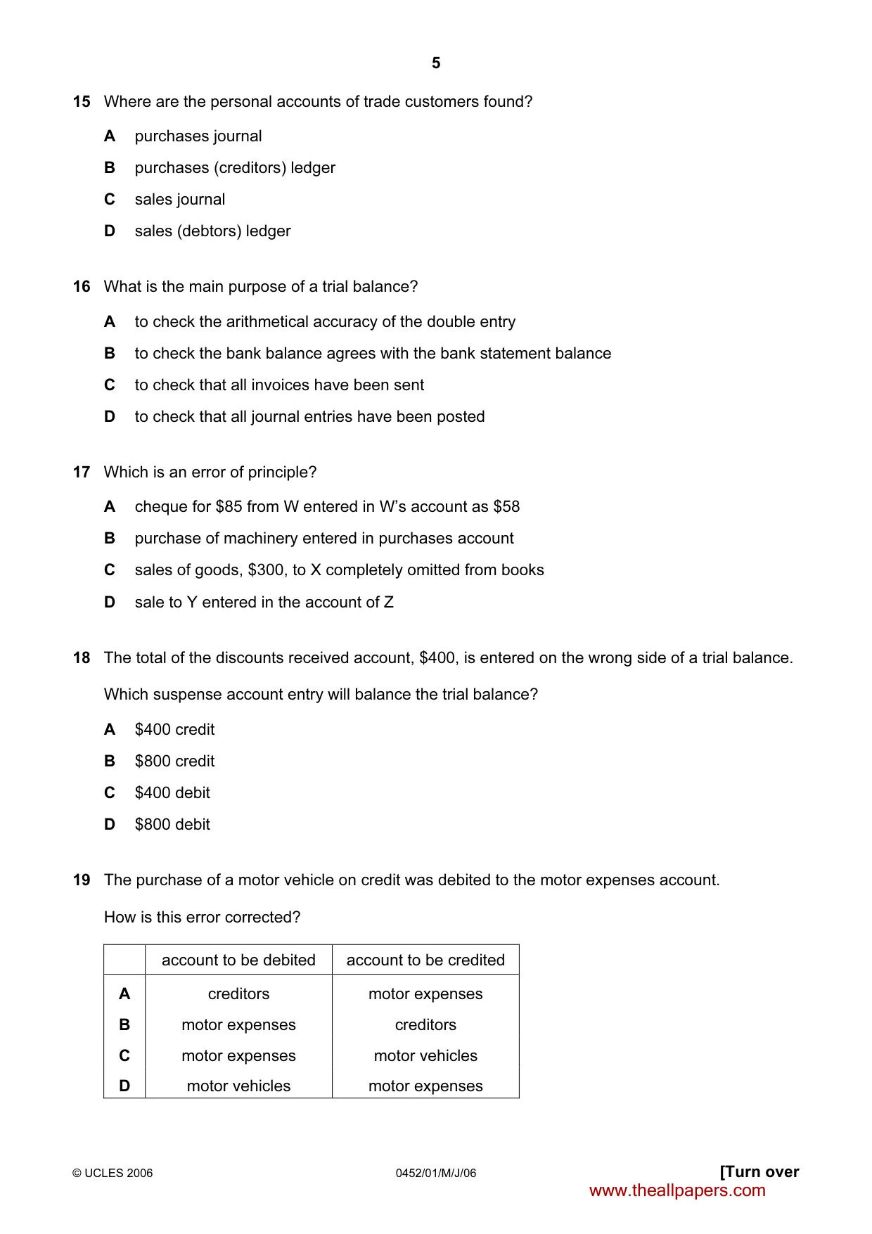 Cambridge IGCSE Accounting 0452 2006 May/June Paper 1 · Variant 1 question paper, page 5 of 12