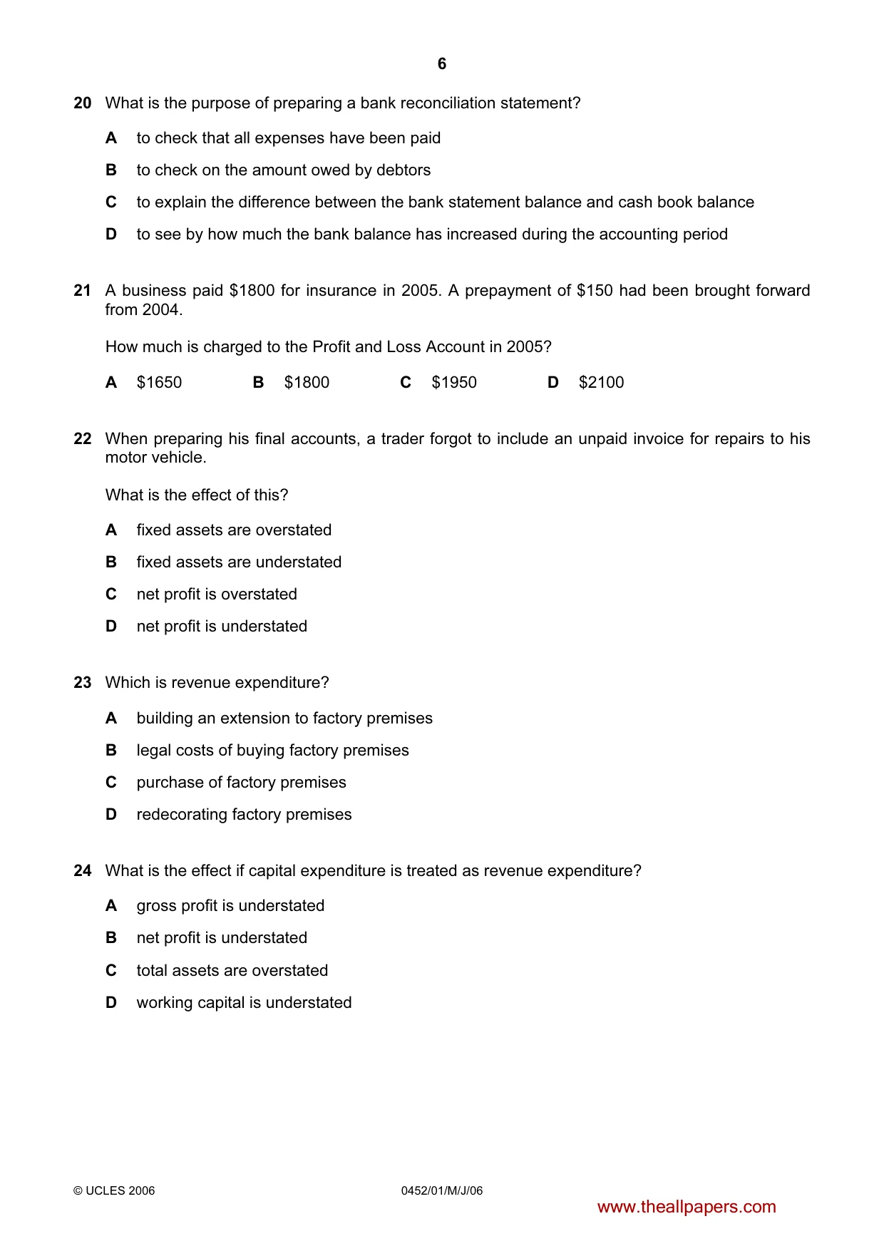Cambridge IGCSE Accounting 0452 2006 May/June Paper 1 · Variant 1 question paper, page 6 of 12